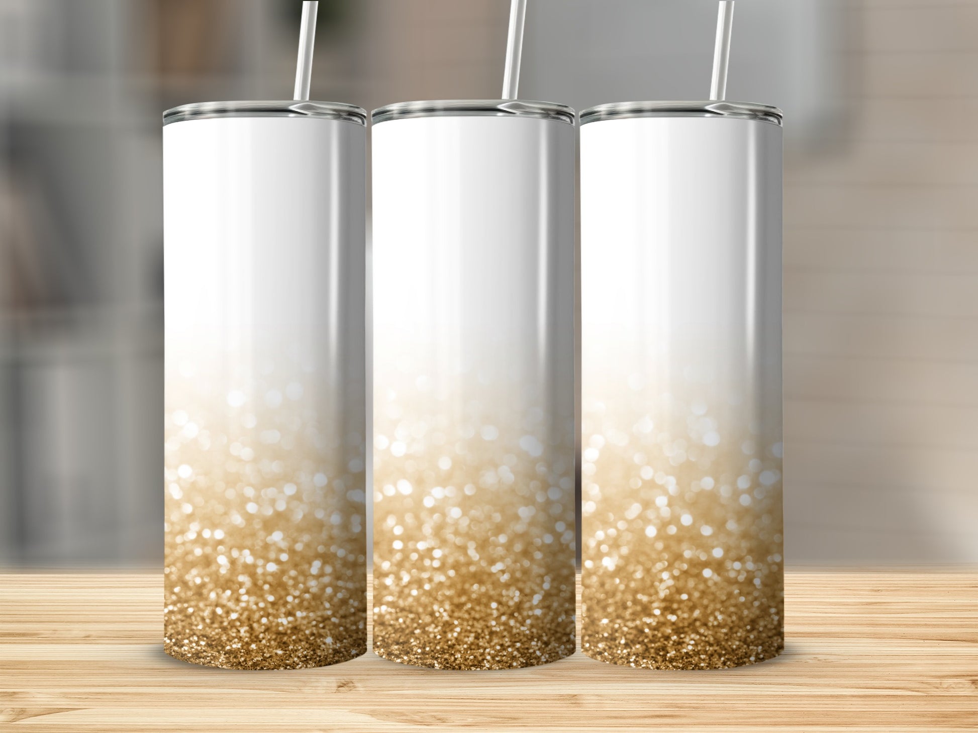 Glittery Gold and White Tumbler with Straw Product