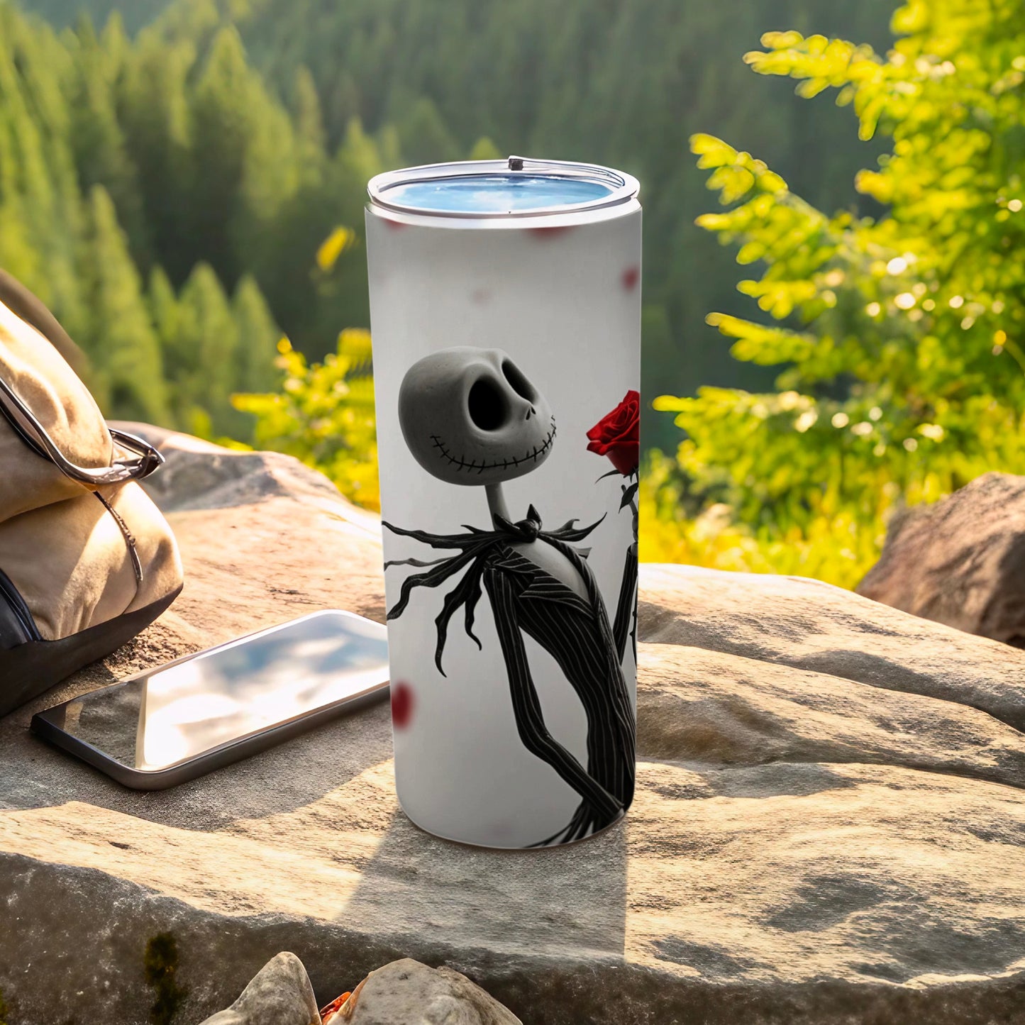 Jack Skellington Holding Red Rose Travel Tumbler