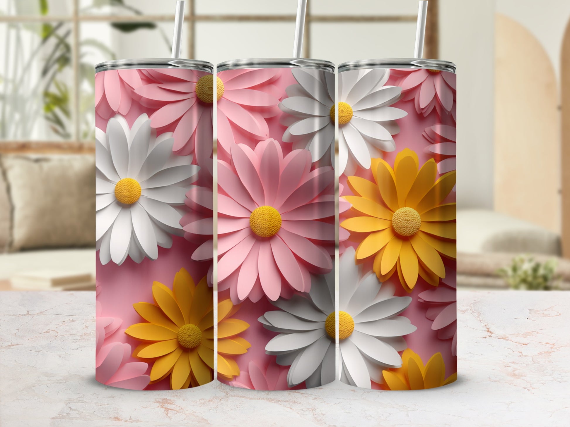 Pink tumbler with white and yellow paper flowers.