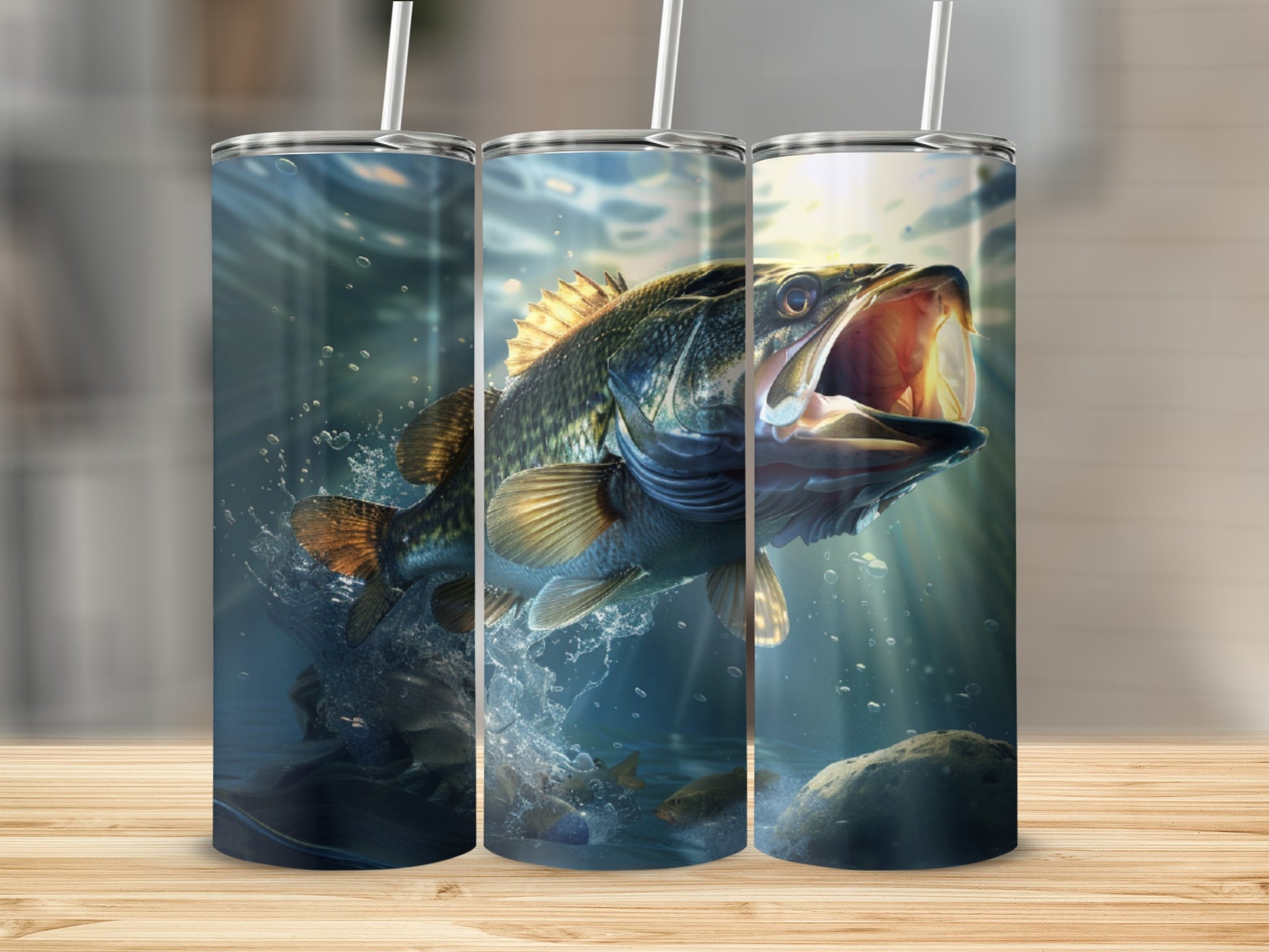 Largemouth bass jumping out of water with splash and light rays.