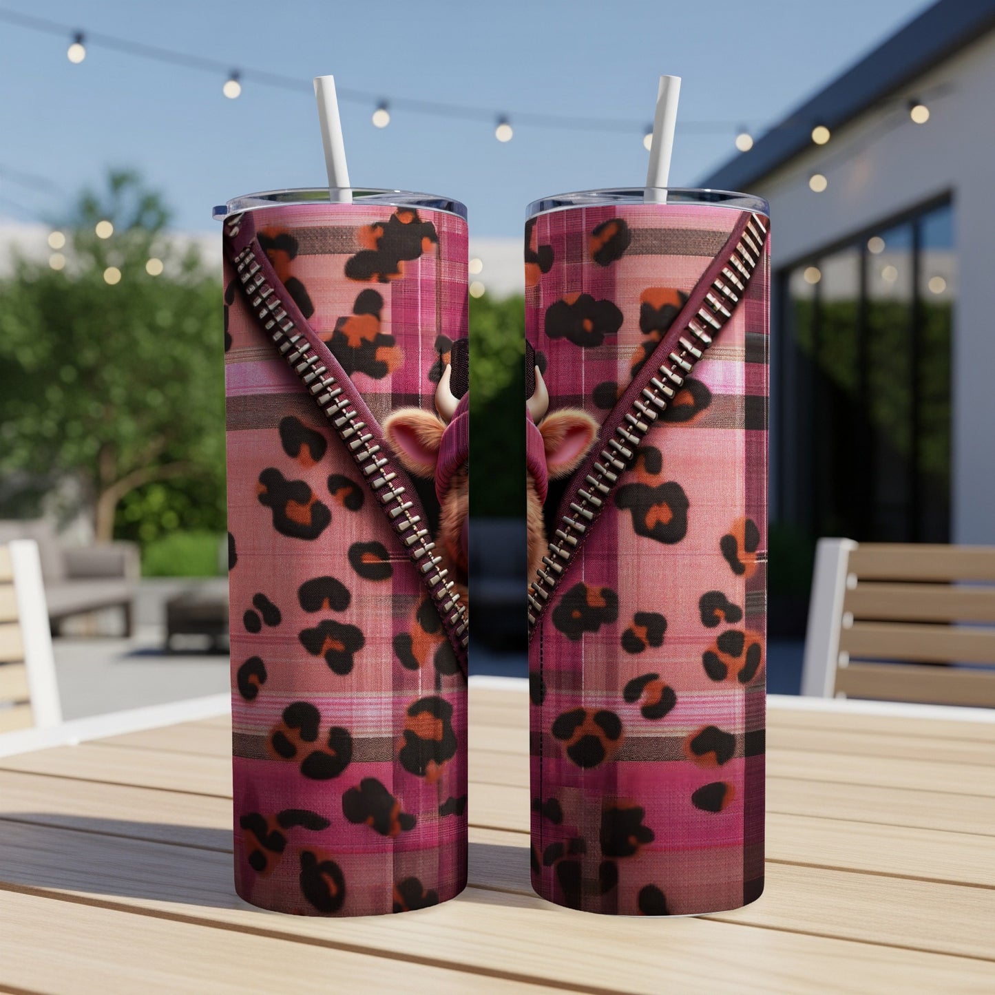 Pink plaid and leopard print tumbler with zipper detail and cow head graphic.