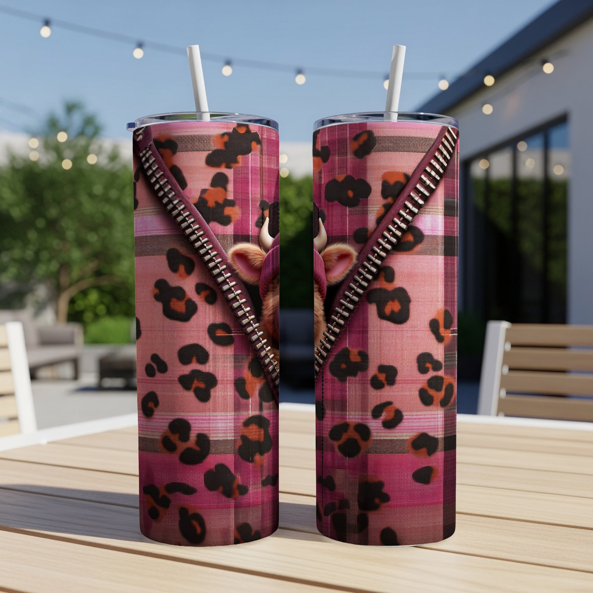 Pink plaid and leopard print tumbler with zipper detail and cow head graphic.