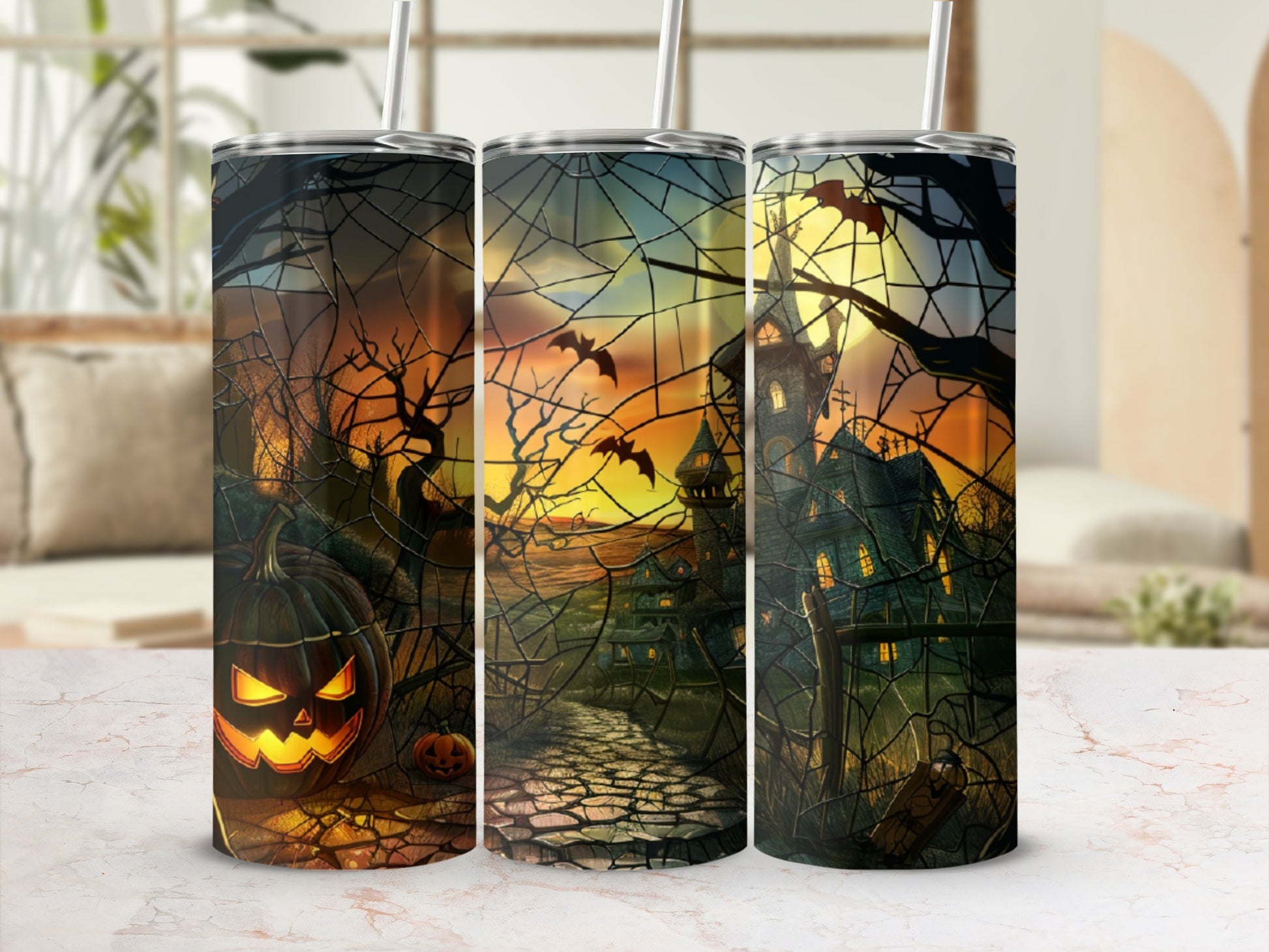 Halloween tumbler with spooky castle, pumpkin, and bats at sunset.