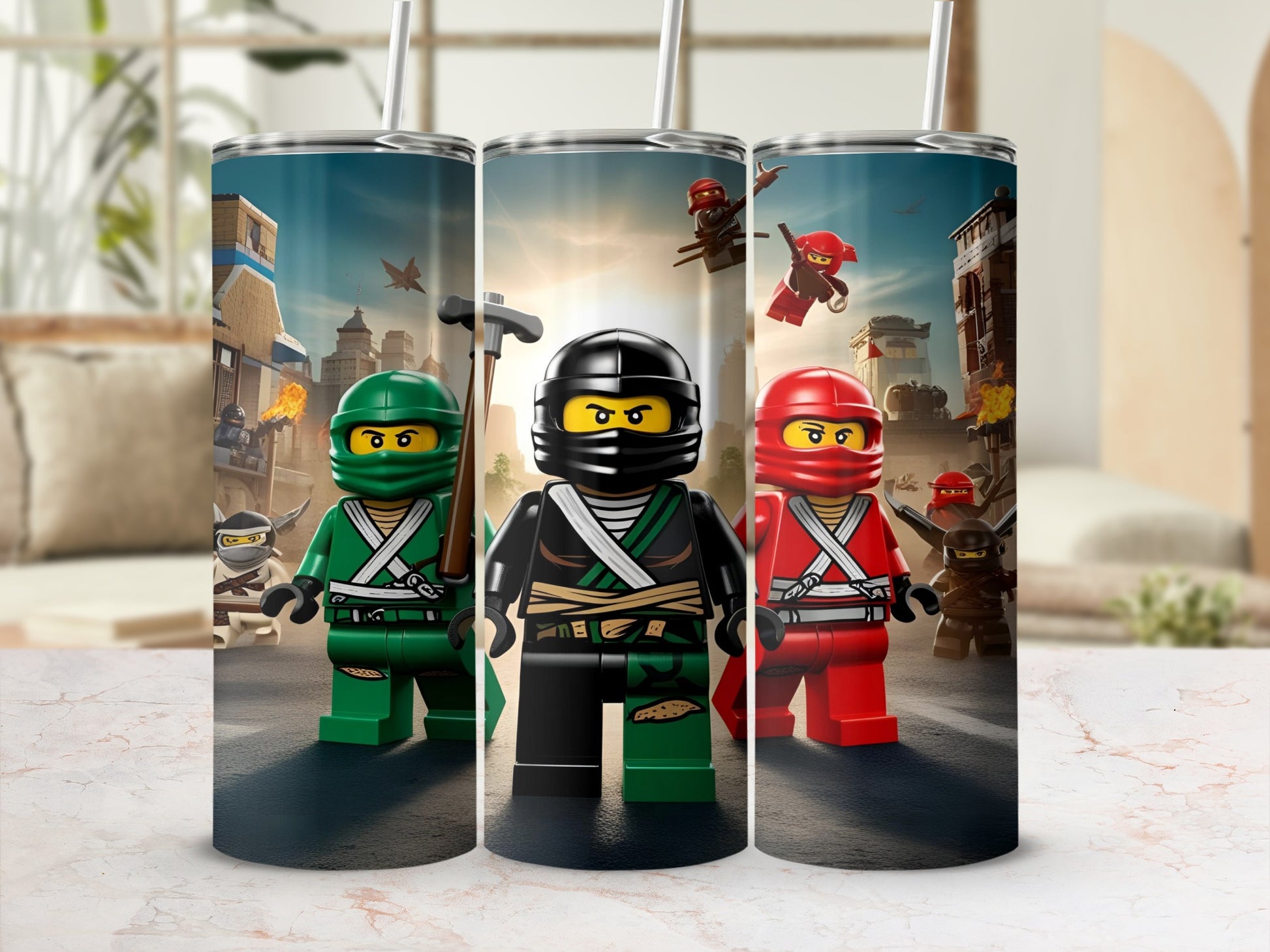 Three Ninjago characters with masks and weapons stand in a city setting.