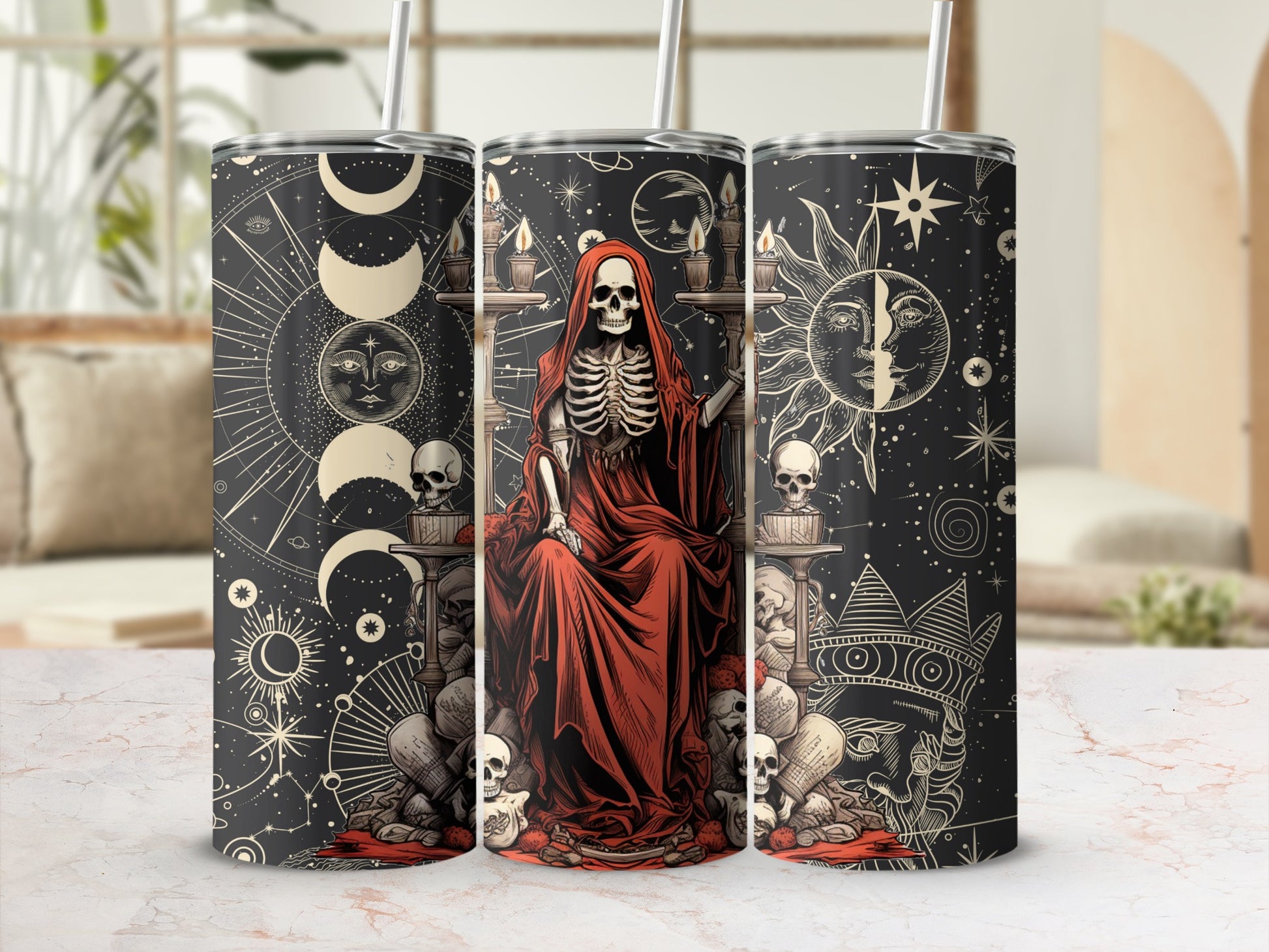 Gothic Skeleton and Celestial Sun Moon Design Tumbler