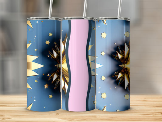 Blue tumbler with gold starbursts and pink wave design.