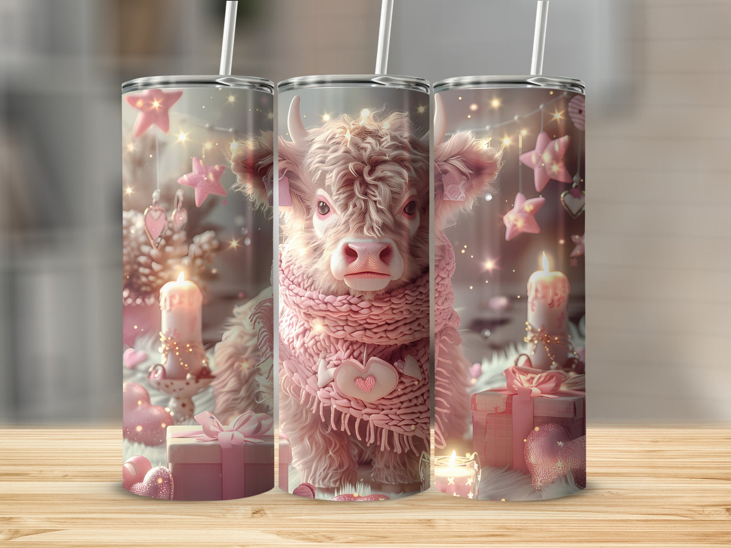 Pink cow with scarf surrounded by holiday lights and gifts.