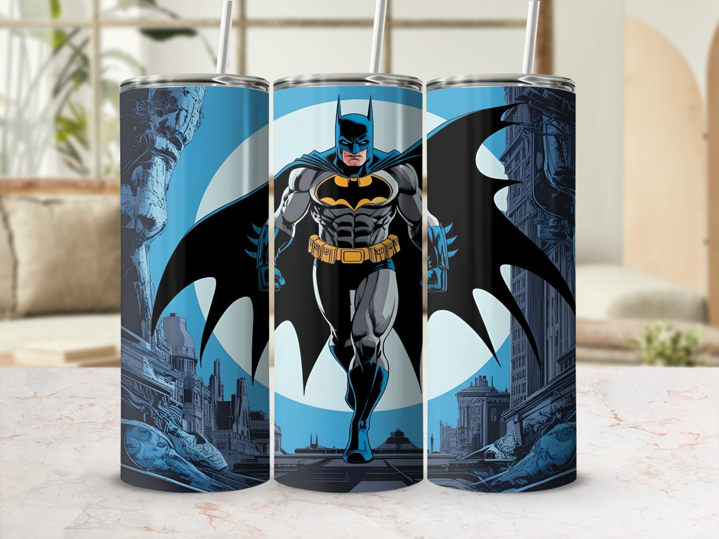 Batman in costume standing in a city with a blue moon behind him.