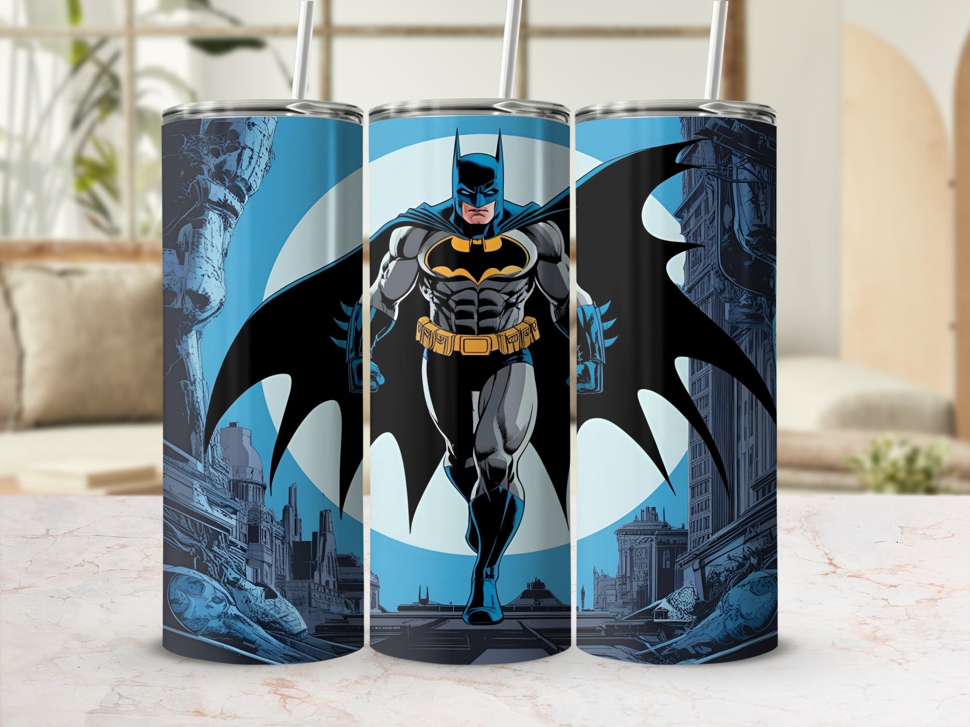 Batman in costume standing in a city with a blue moon behind him.