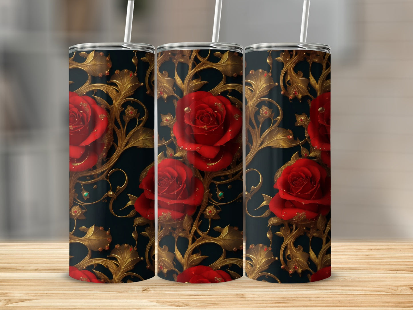 Three tumblers with a red rose and gold floral design.