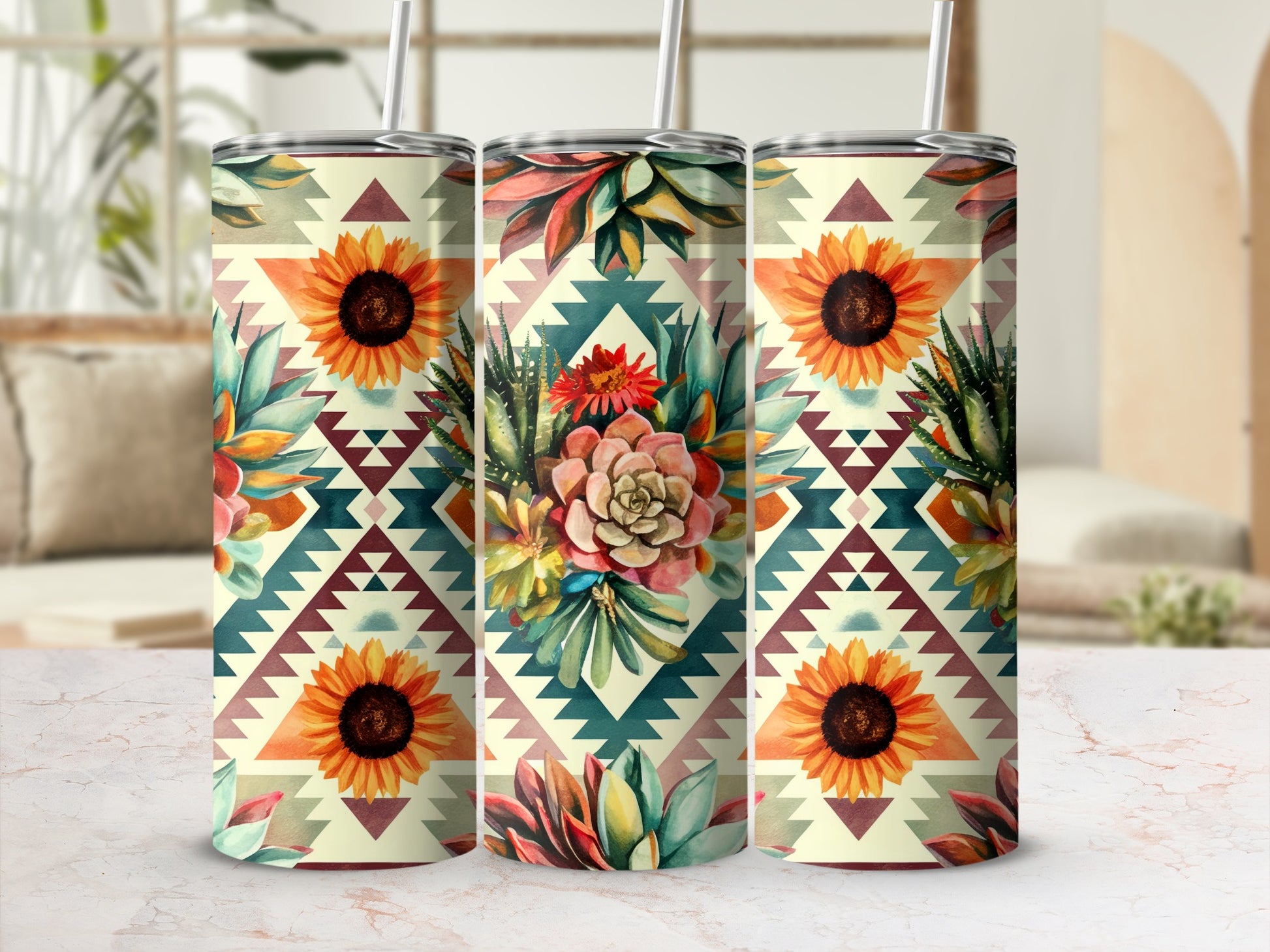 Three tumblers with geometric and floral desert succulent patterns.
