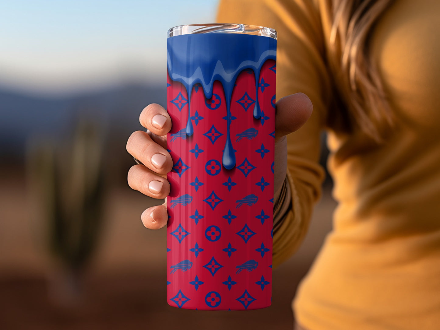 Buffalo Bills Blue Drip on Designer Background Tumblers