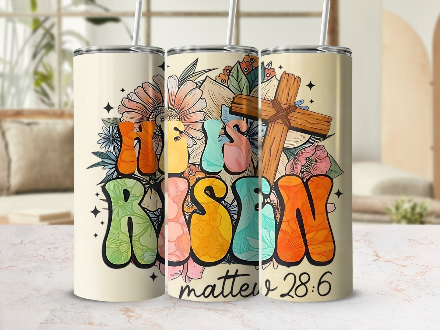 He Is Risen Mattew 28:6 Floral Cross Graphic Tumbler