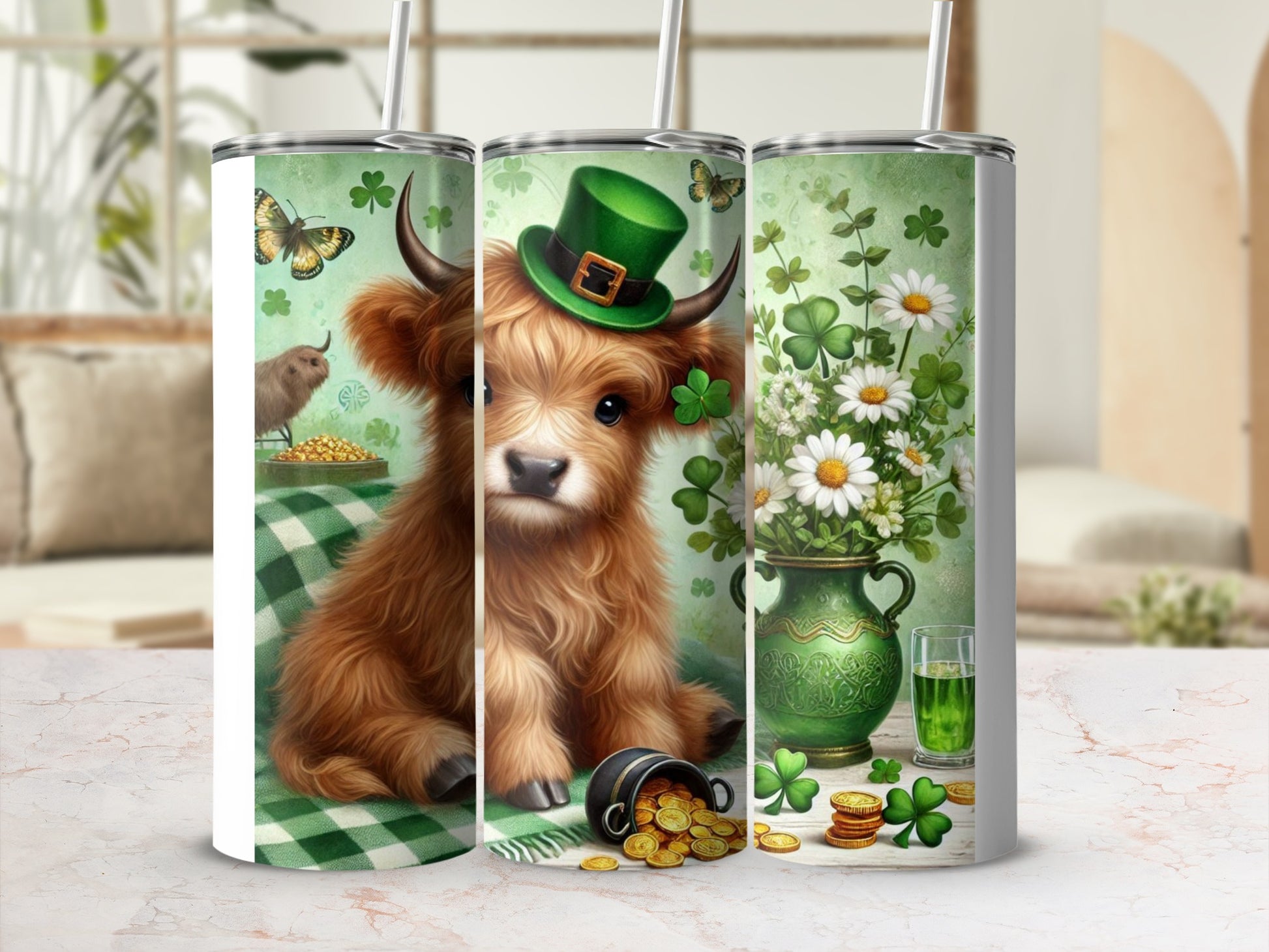 Highland cow wearing green hat with clover and gold coins.