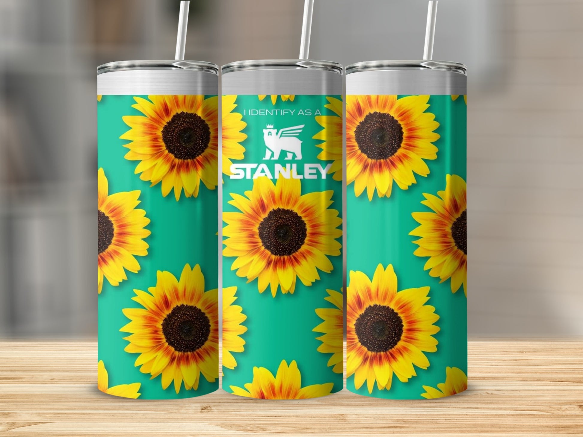 Sunflower Pattern Stainless Steel Tumbler With Straw