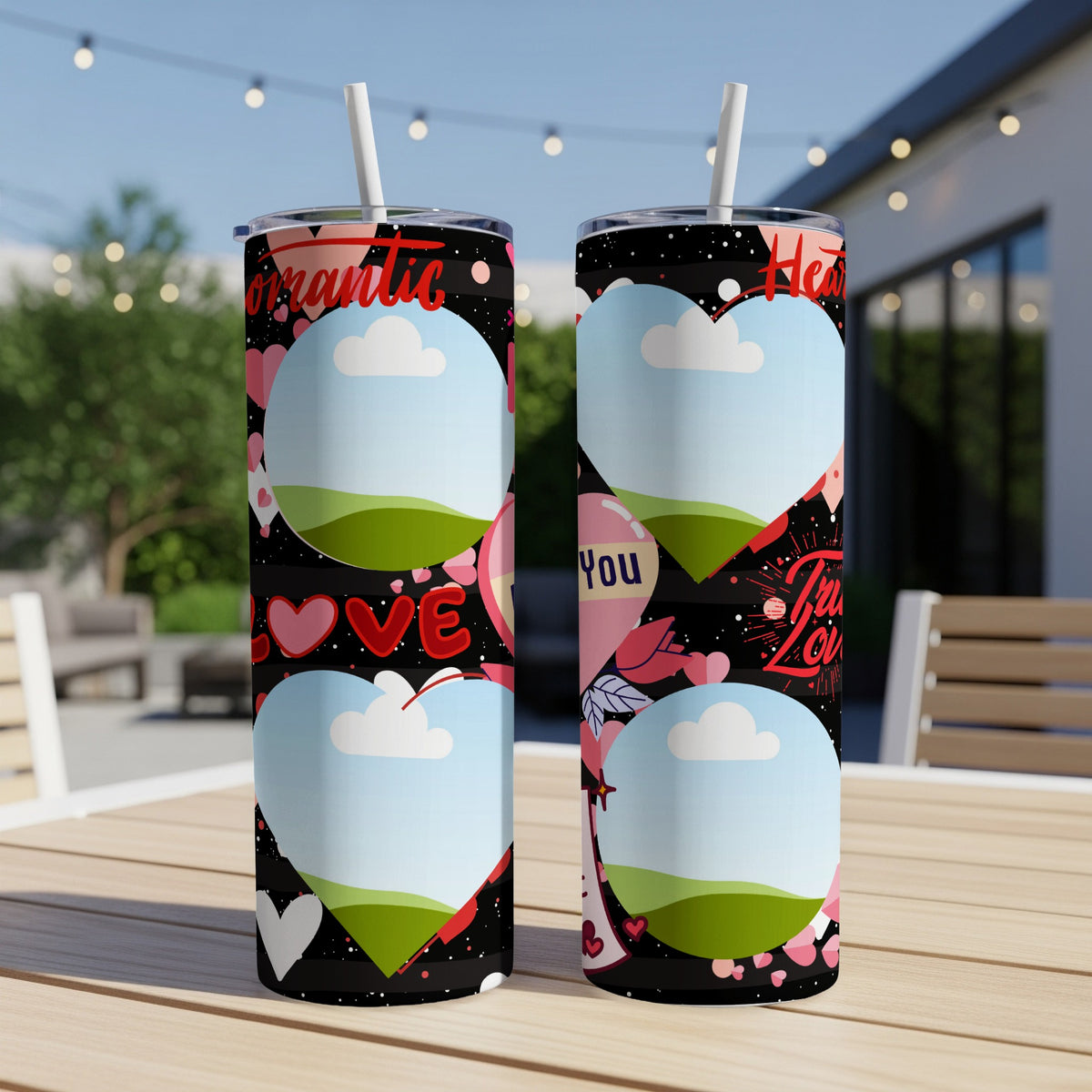 Two tumblers with a black background, hearts, and text "Romantic Love" and "True Love".