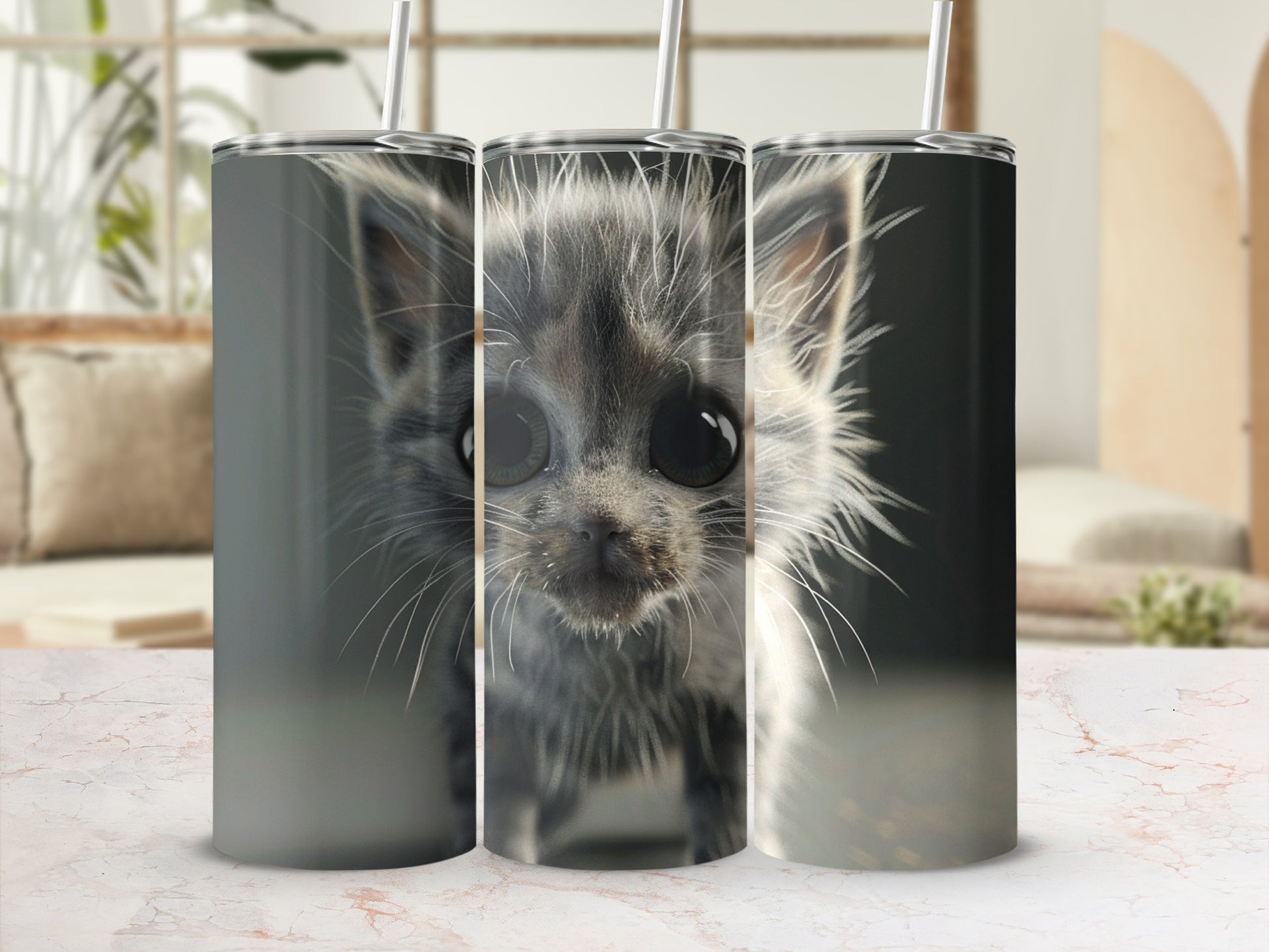 Three tumblers featuring a close-up of a fluffy grey puppy with large eyes.