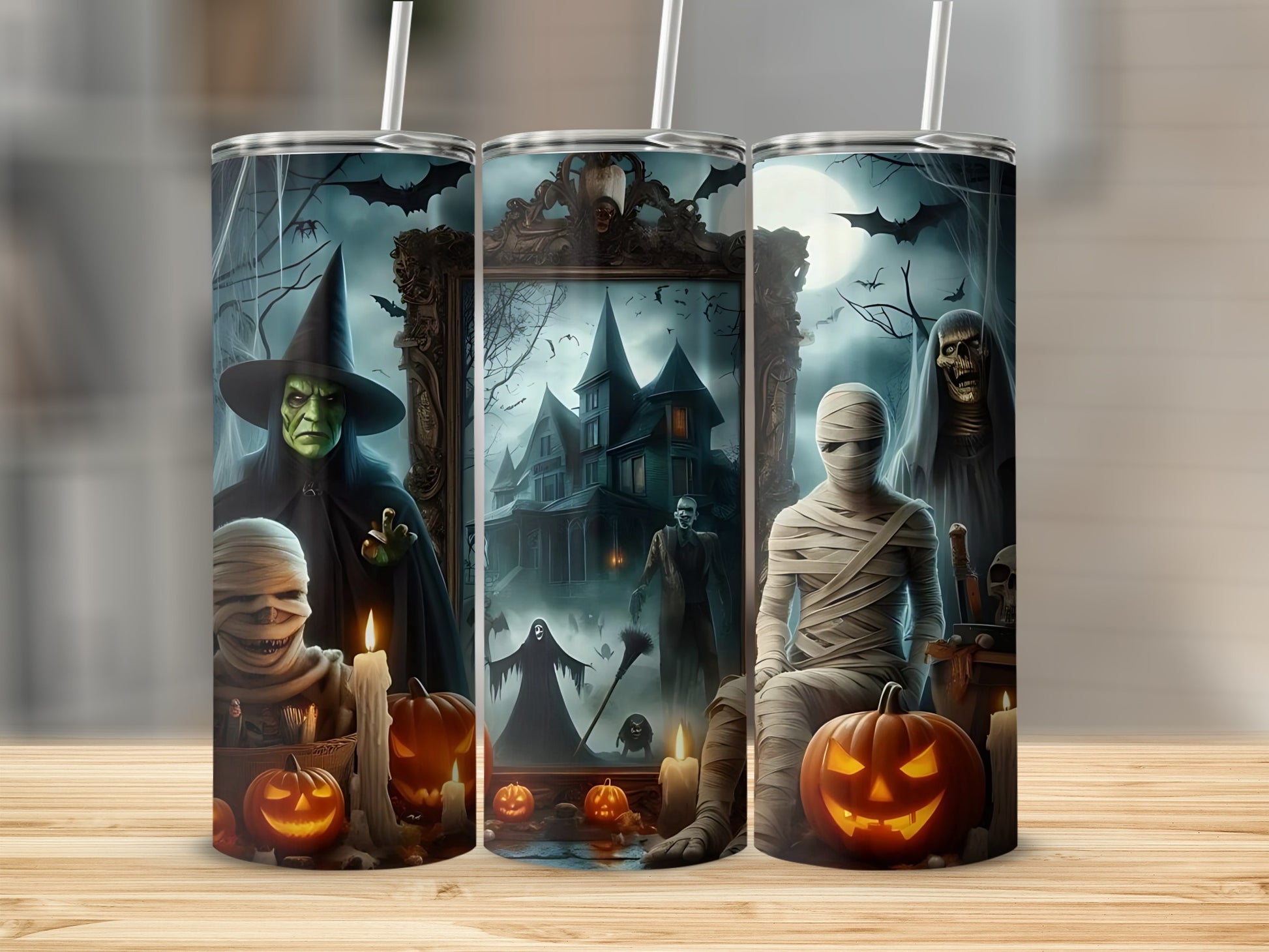 Halloween tumbler with a witch, mummy, and scary haunted house design.