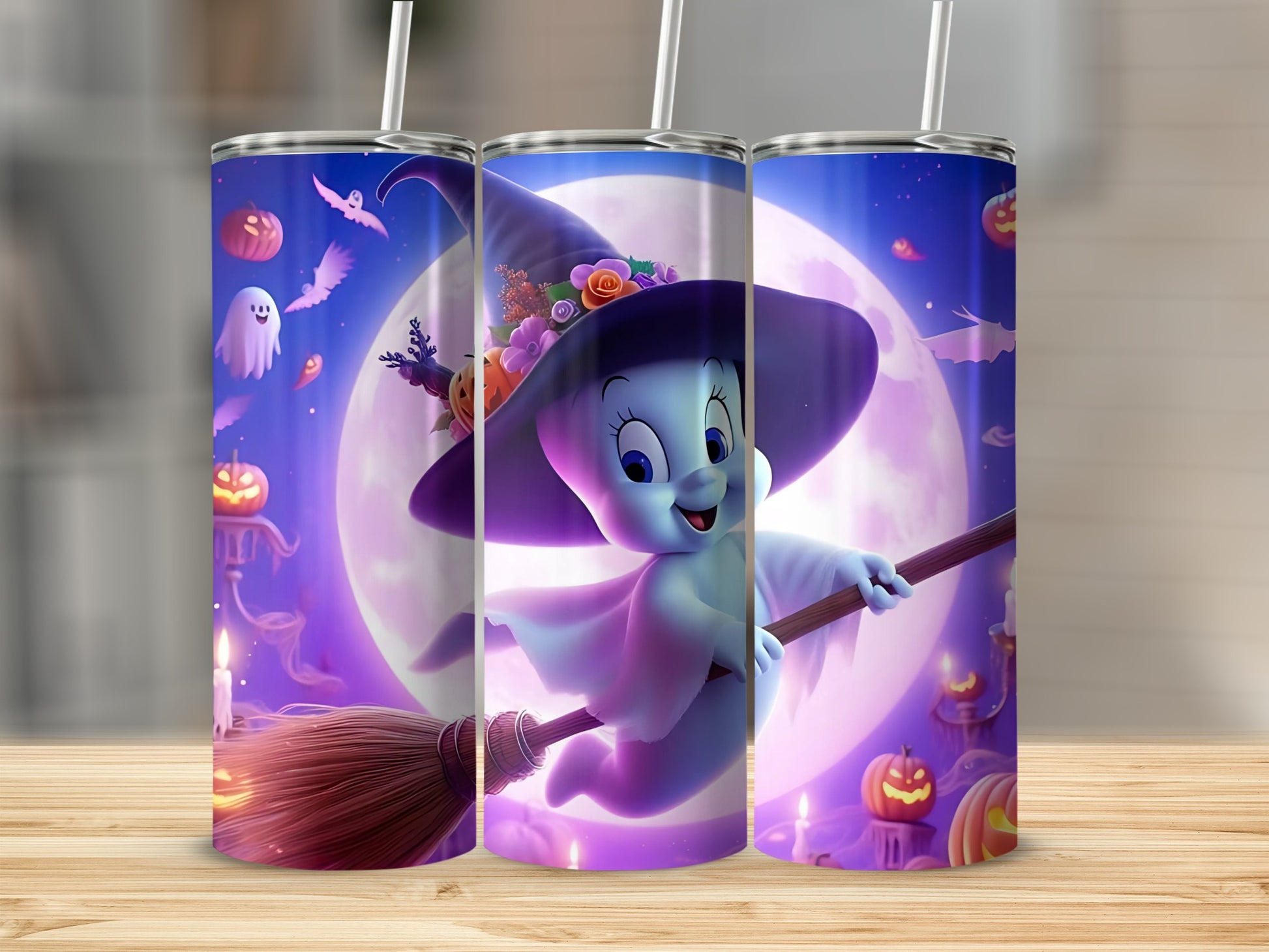 Casper the Friendly Ghost in a witch hat flies on a broomstick with pumpkins and ghosts.