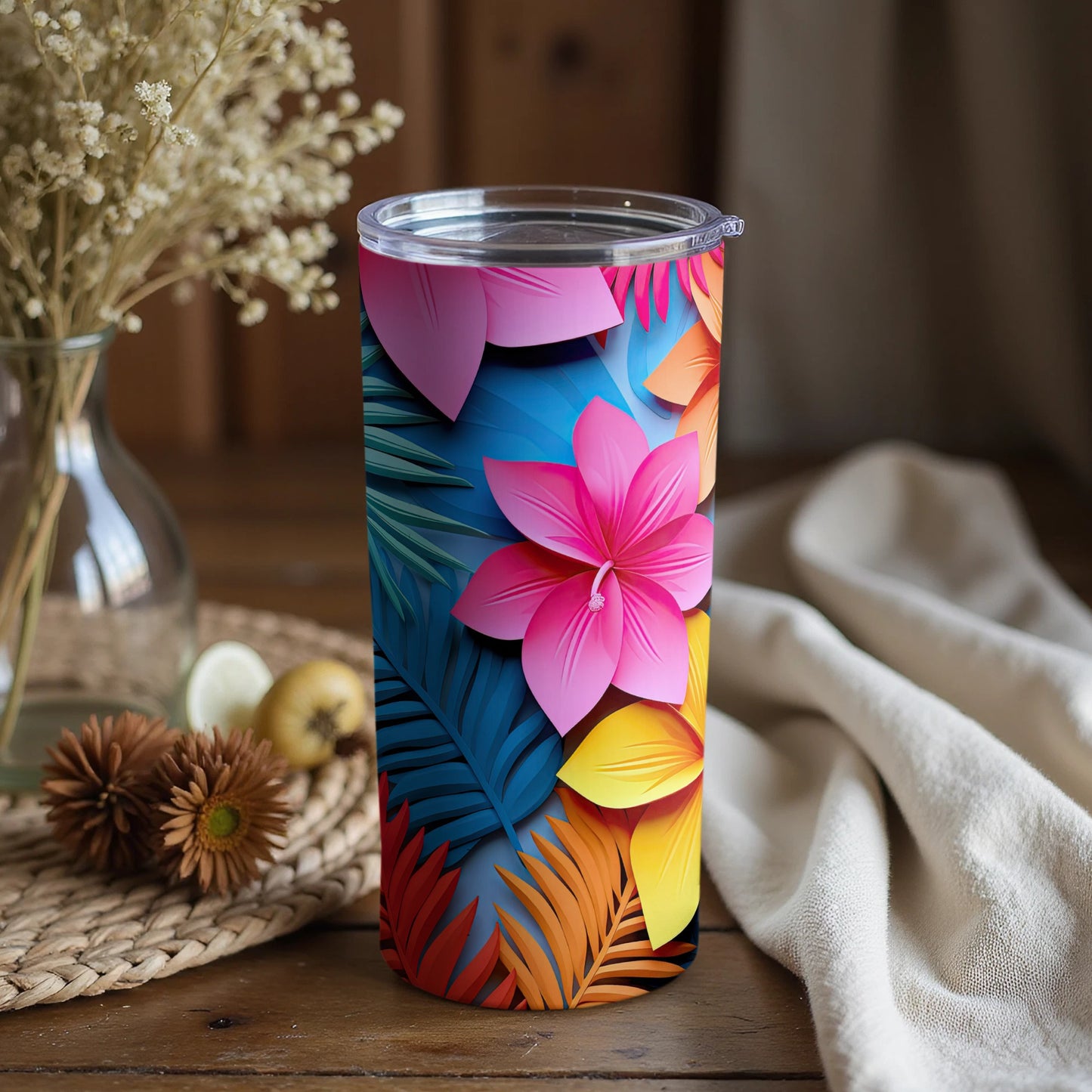 Colorful Floral Tumbler with Tropical Leaf Design