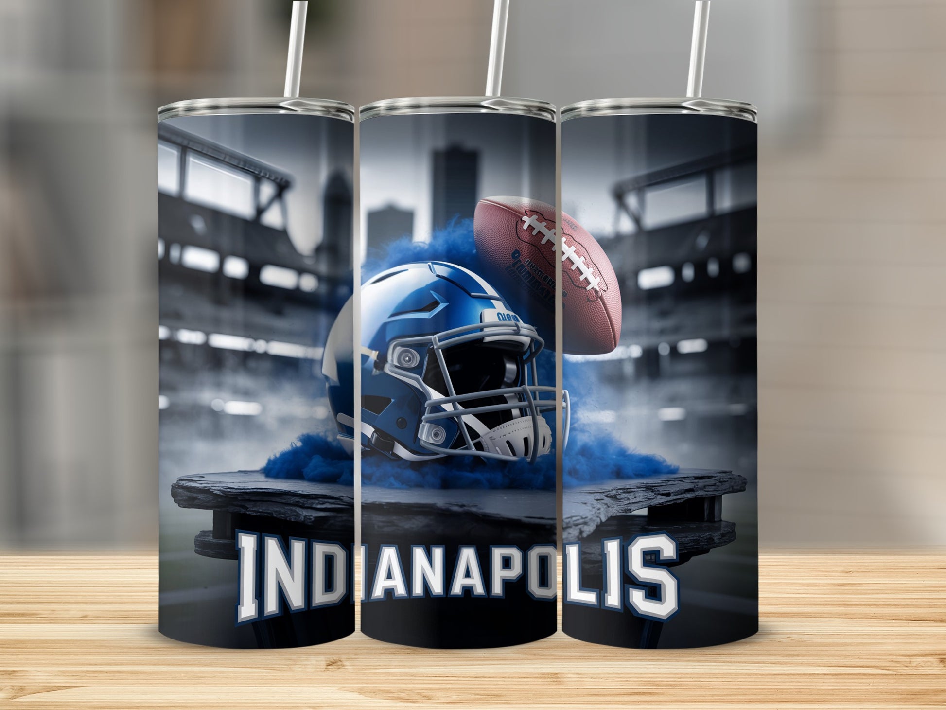 Indianapolis Colts helmet and football on display, stadium background.