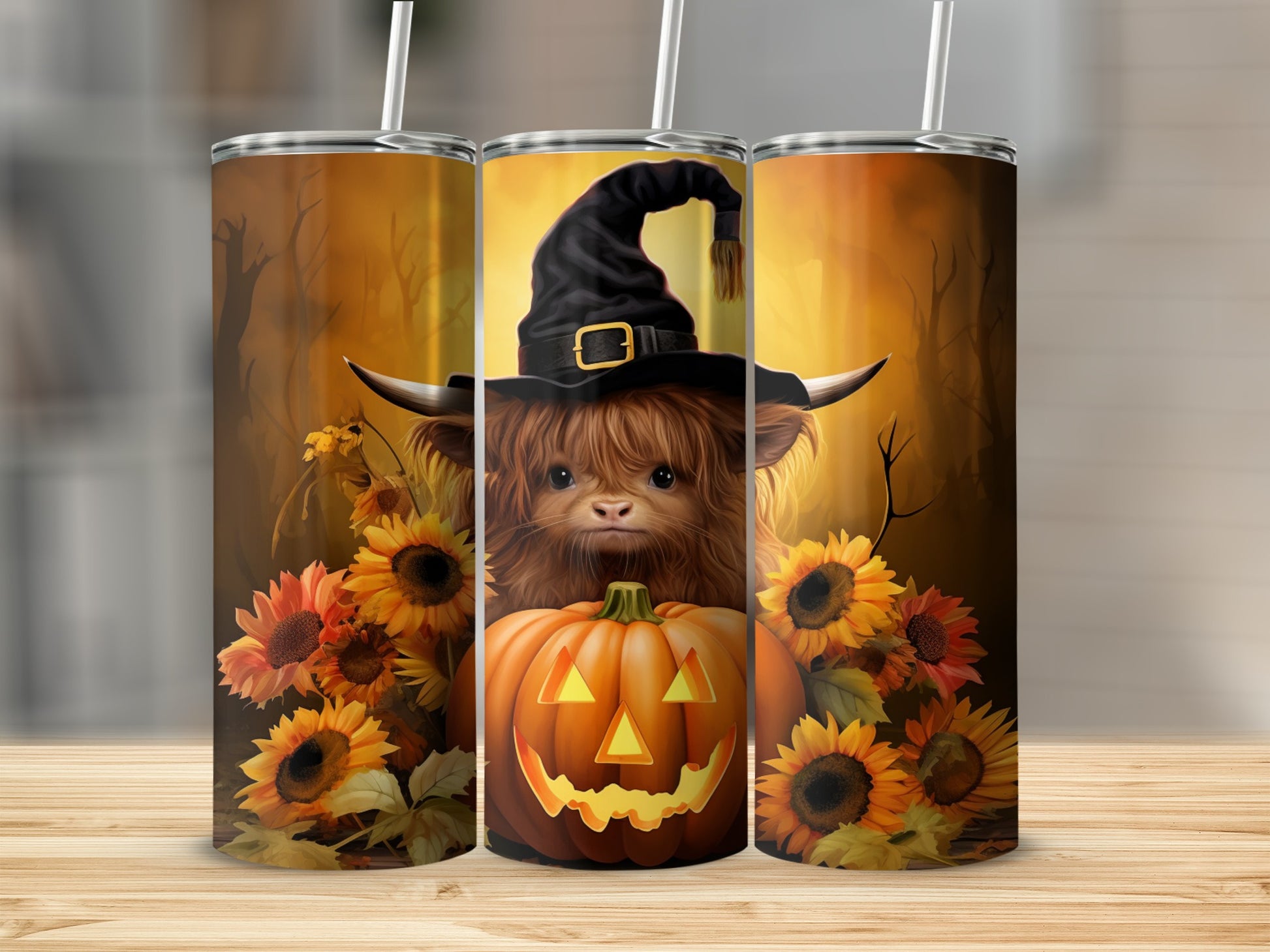 Cute Highland Cow with Pumpkin Halloween Stainless Steel Tumblers