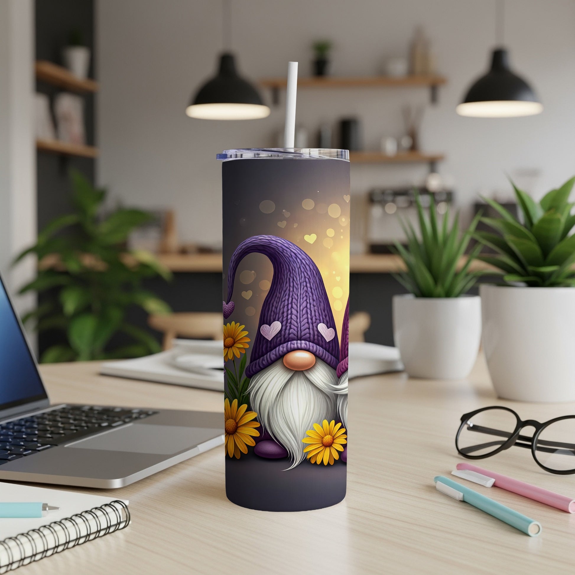 Purple gnome with yellow flowers on a dark patterned tumbler.