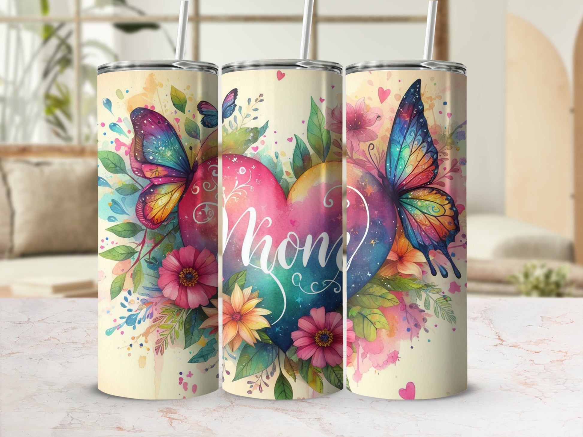 Colorful Mom Heart Butterflies and Flowers Tumbler