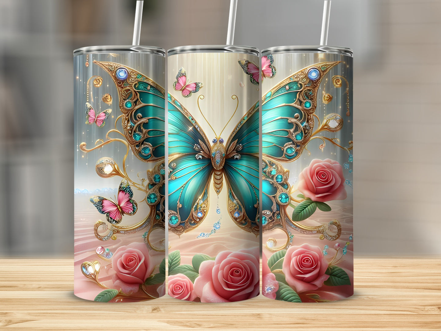 Two skinny tumblers with teal butterflies and pink roses.