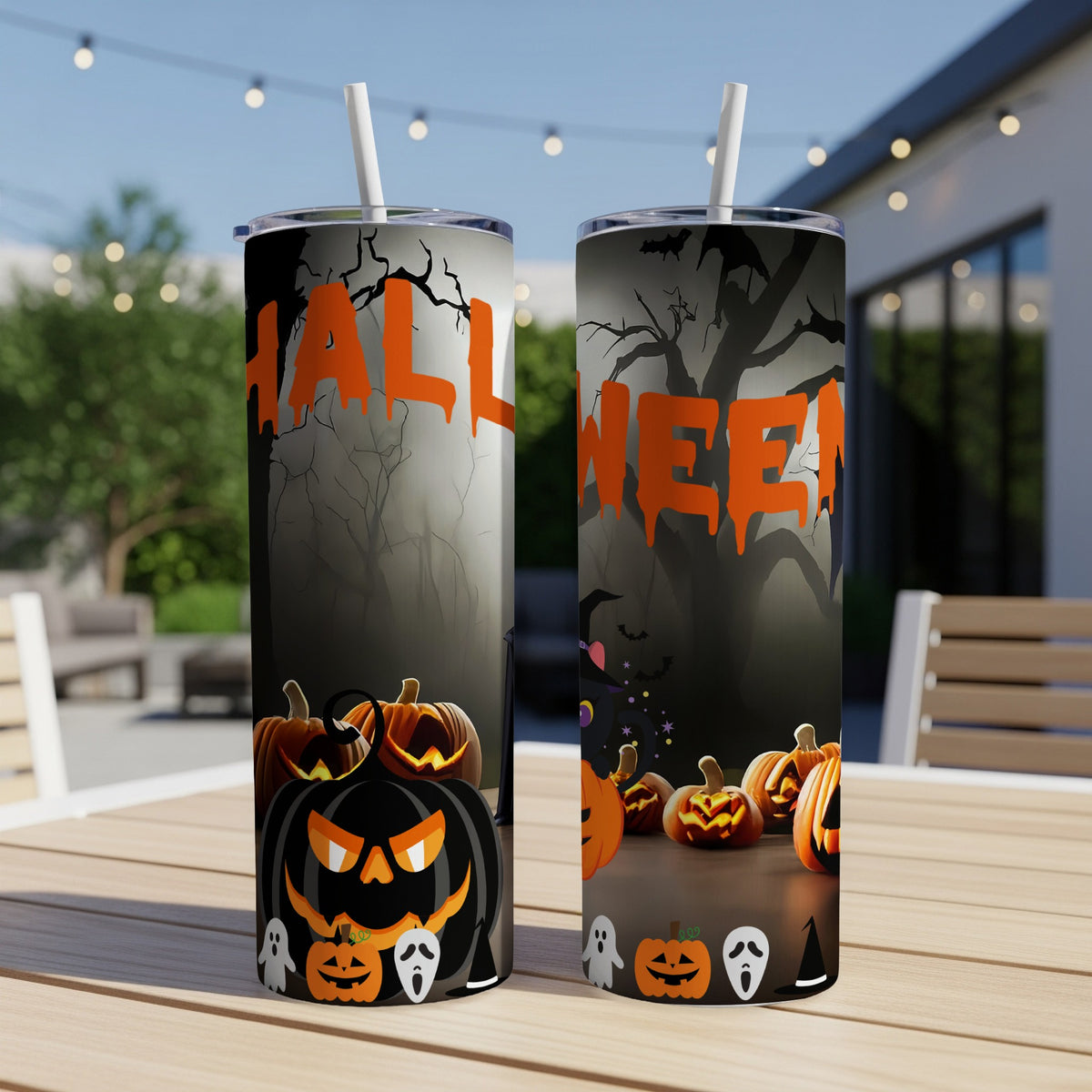 Two Halloween-themed tumblers with pumpkins, ghosts, and the word "Halloween" in orange.
