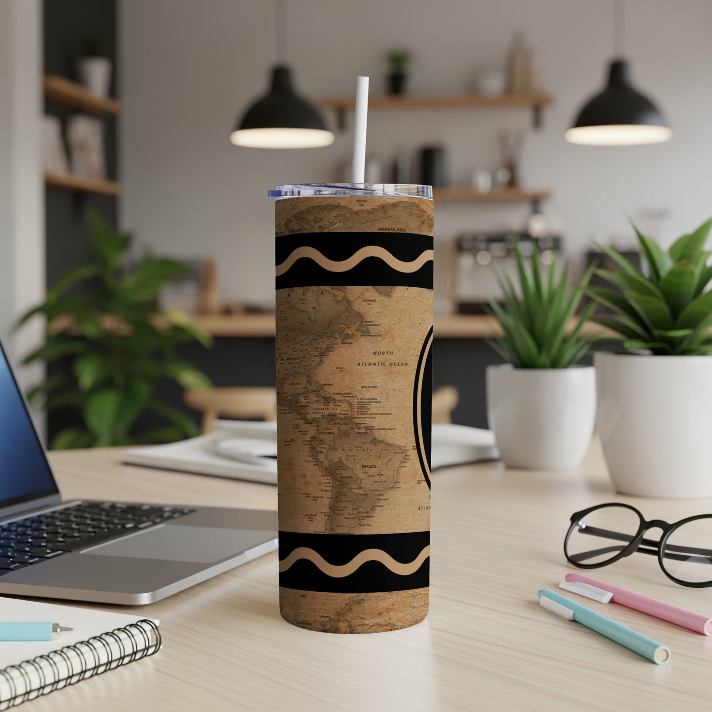 Tumbler with vintage map of North Atlantic Ocean and surrounding lands.