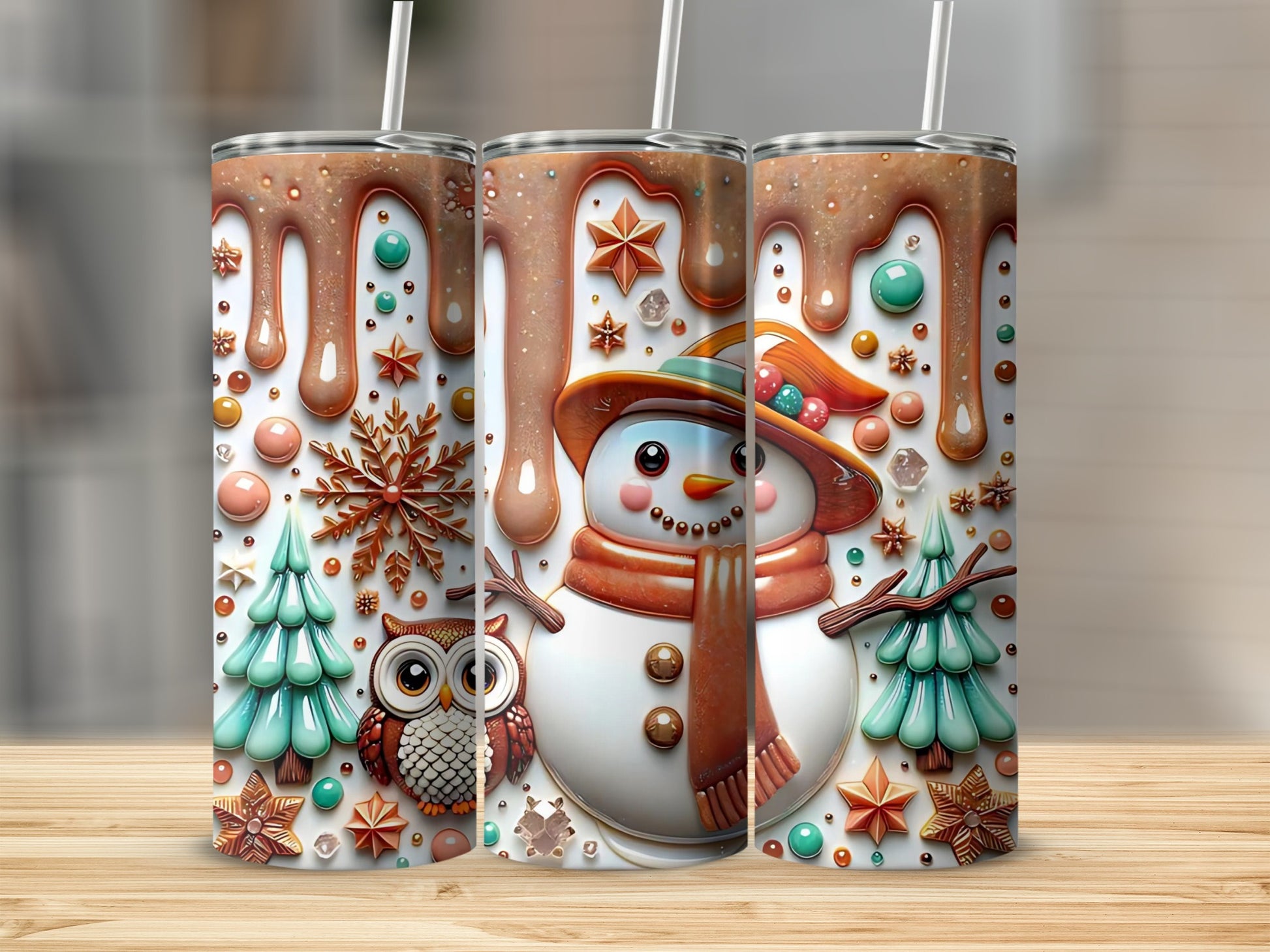 Festive Snowman Design Tumbler with Owl and Snowflakes