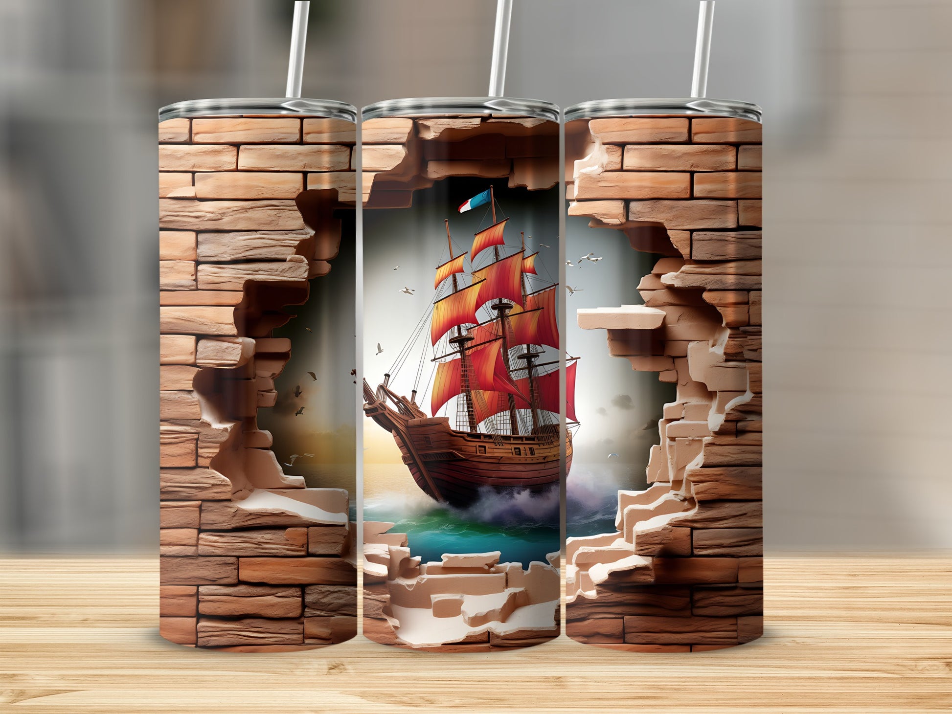 Nautical Ship Design Tumbler with Brick Wall Effect