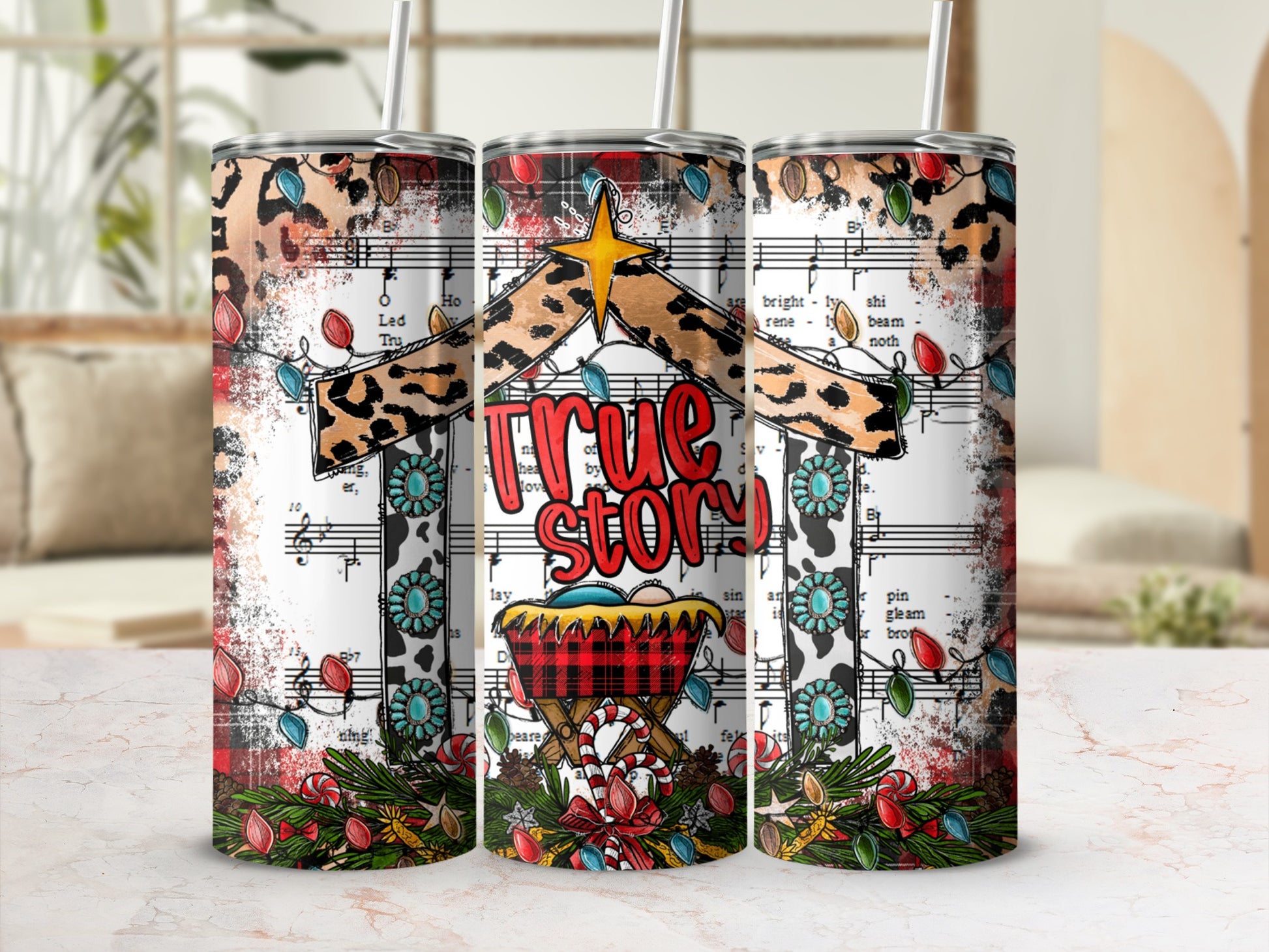 Tumbler with "True Story" and Christmas nativity scene design.