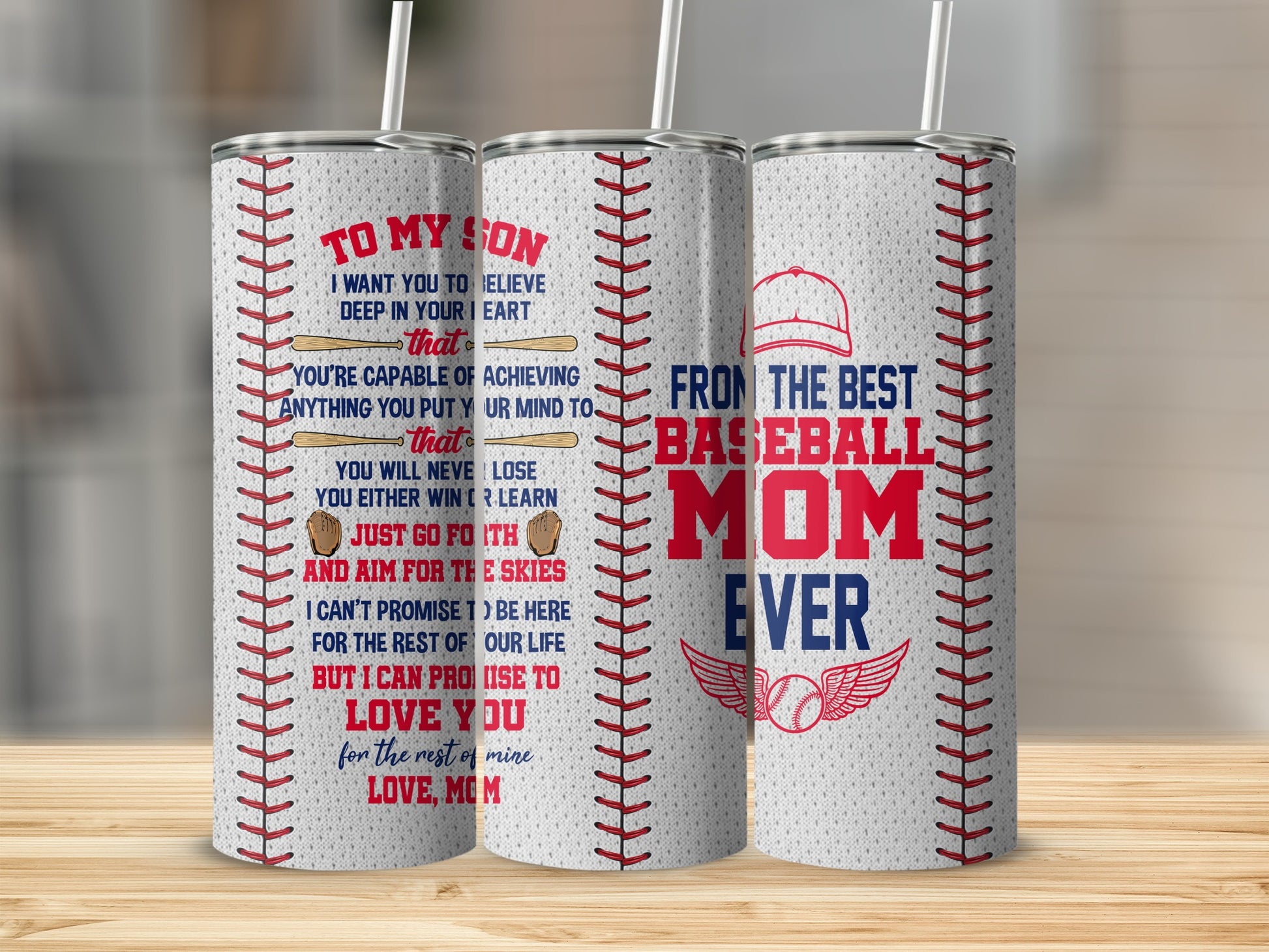 Tumbler with baseball seam design and text "To My Son" and "From The Best Baseball Mom Ever".