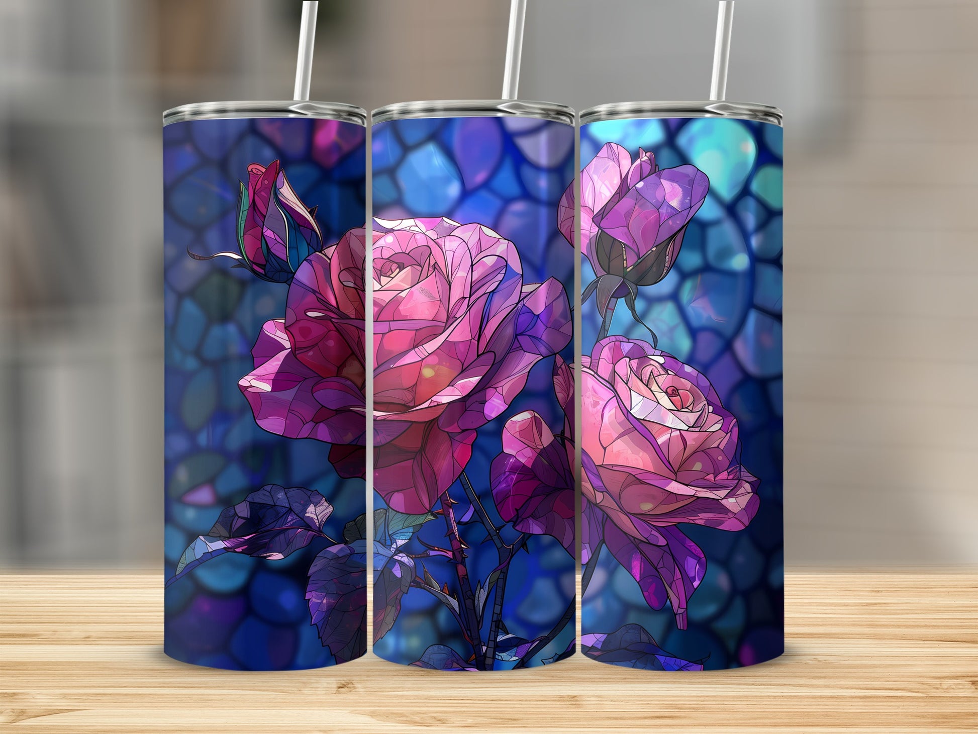 Three tumblers featuring stained glass roses and blue mosaic background.