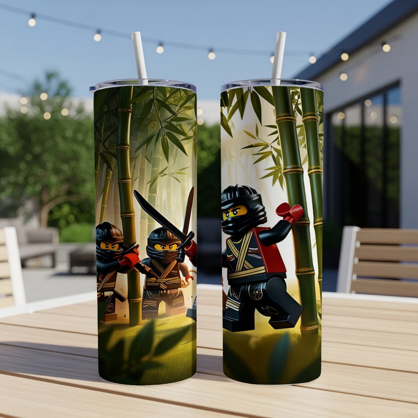 Two Ninjago tumblers with characters battling in a bamboo forest.