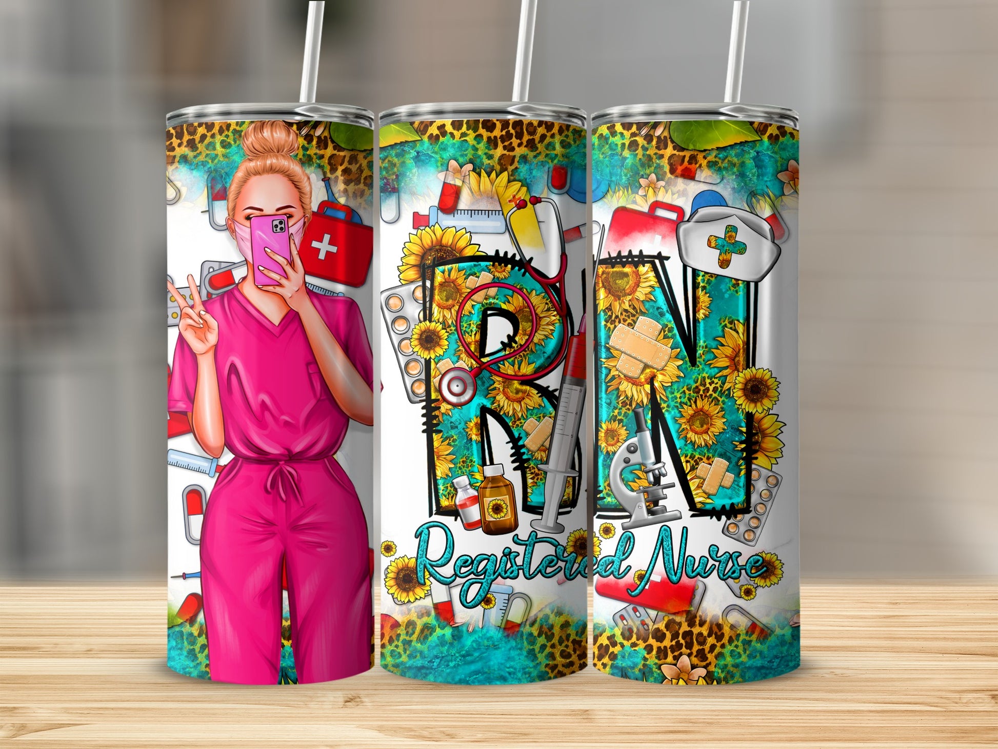 Three nurse-themed tumblers with sunflowers, medical symbols, and "RN" text.