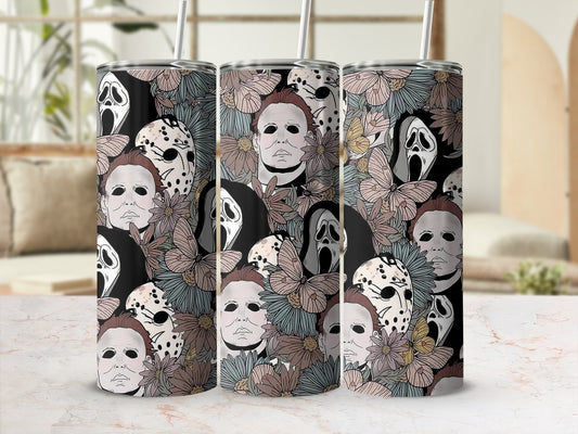 Collage of horror movie masks with floral accents.