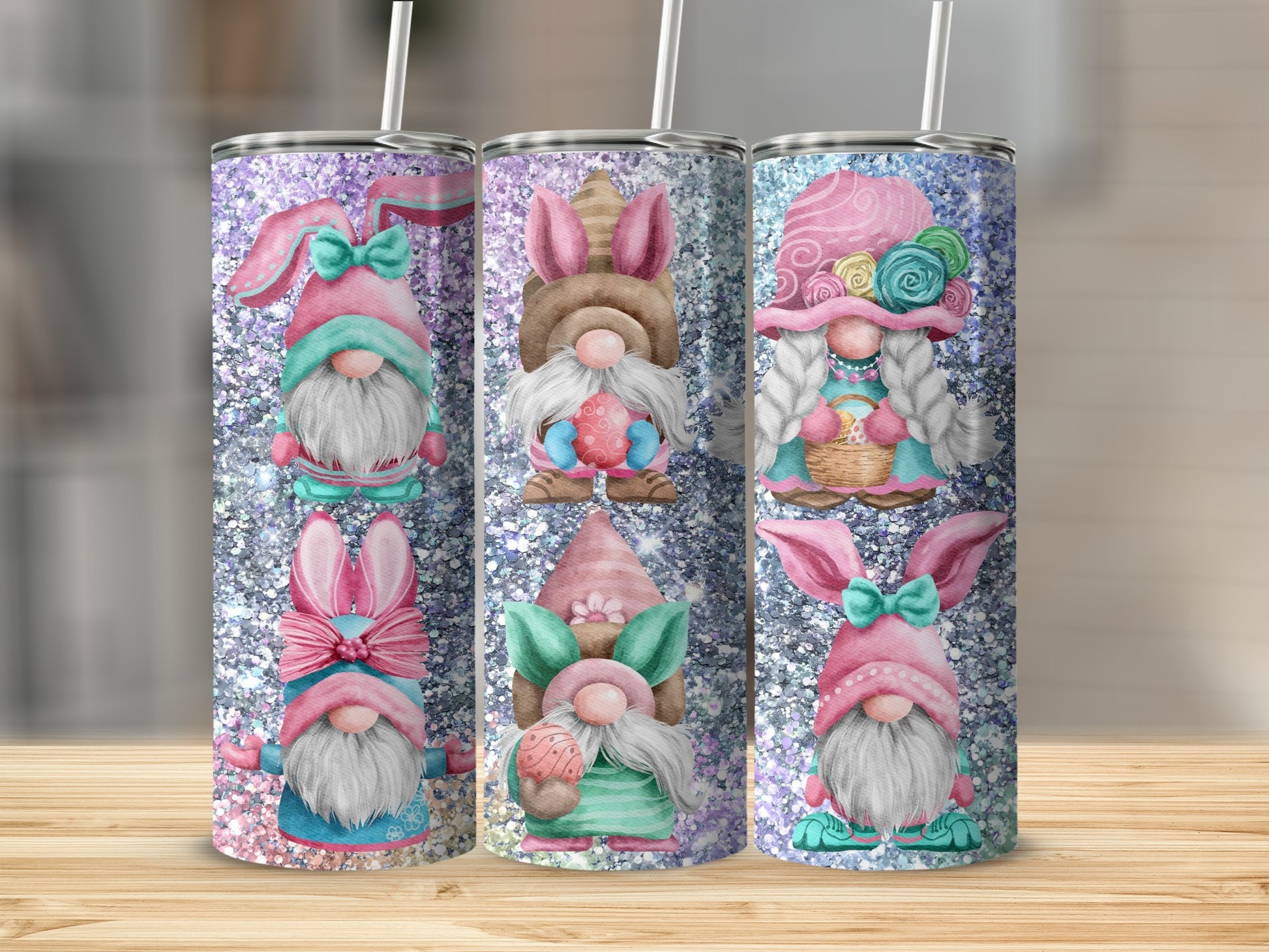 Adorable Easter Bunny Gnome Glitter Tumbler Set