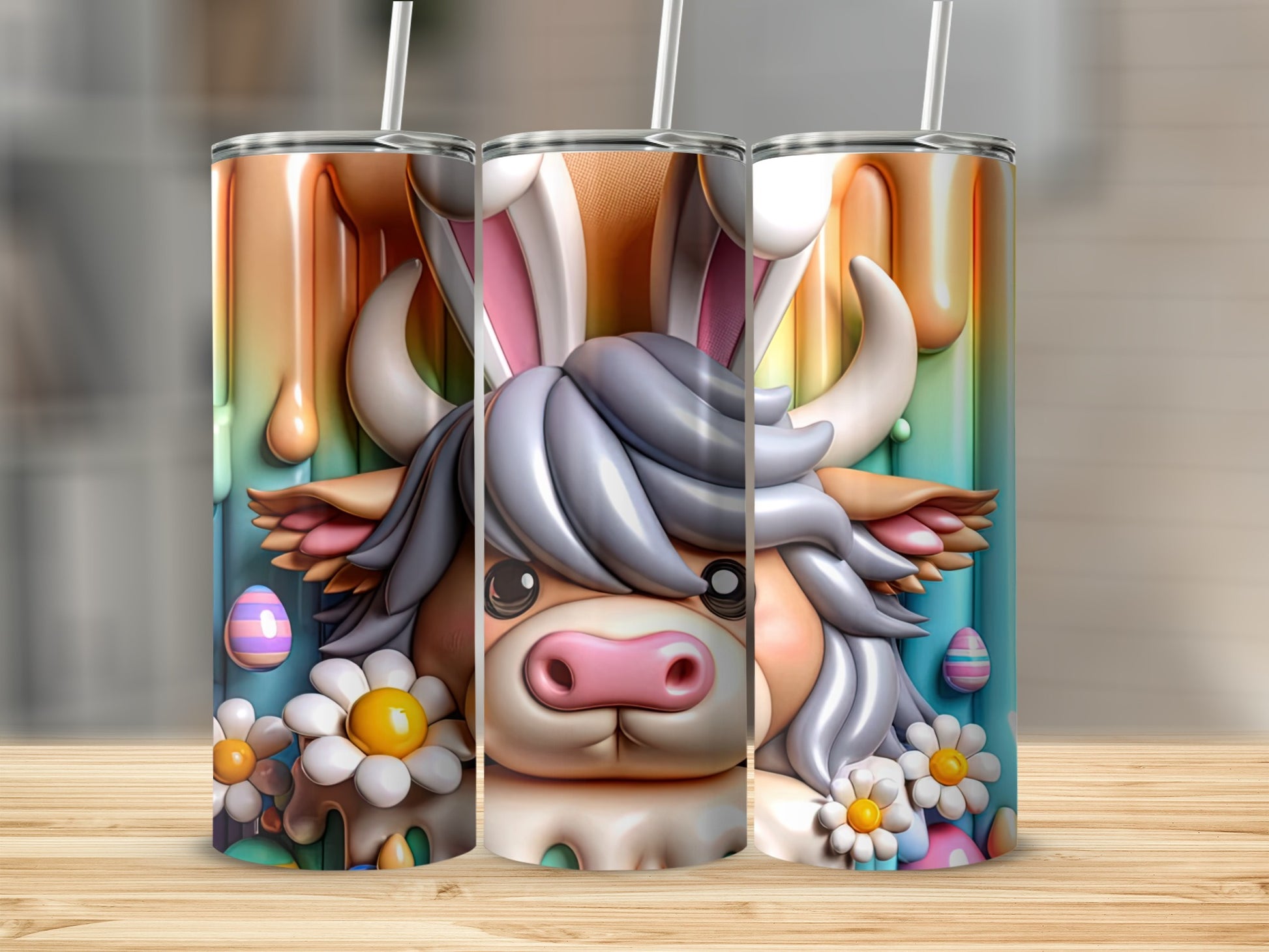 Highland cow with bunny ears and Easter eggs on a tumbler.