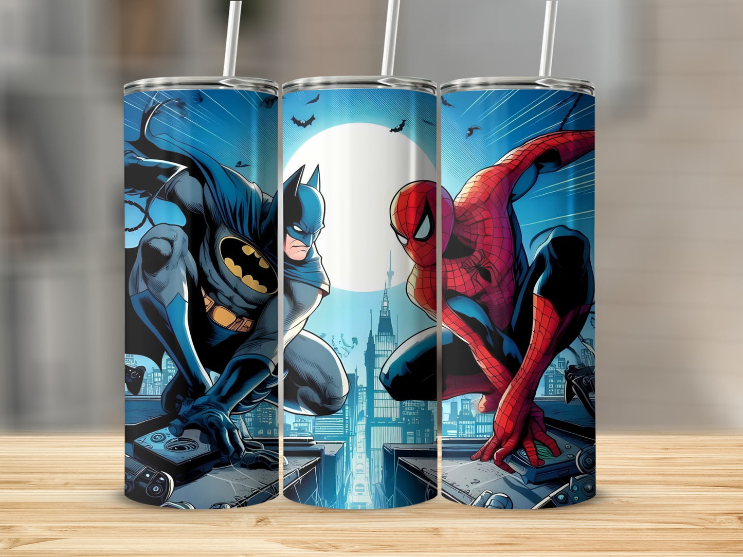 Batman and Spiderman themed stainless steel tumbler