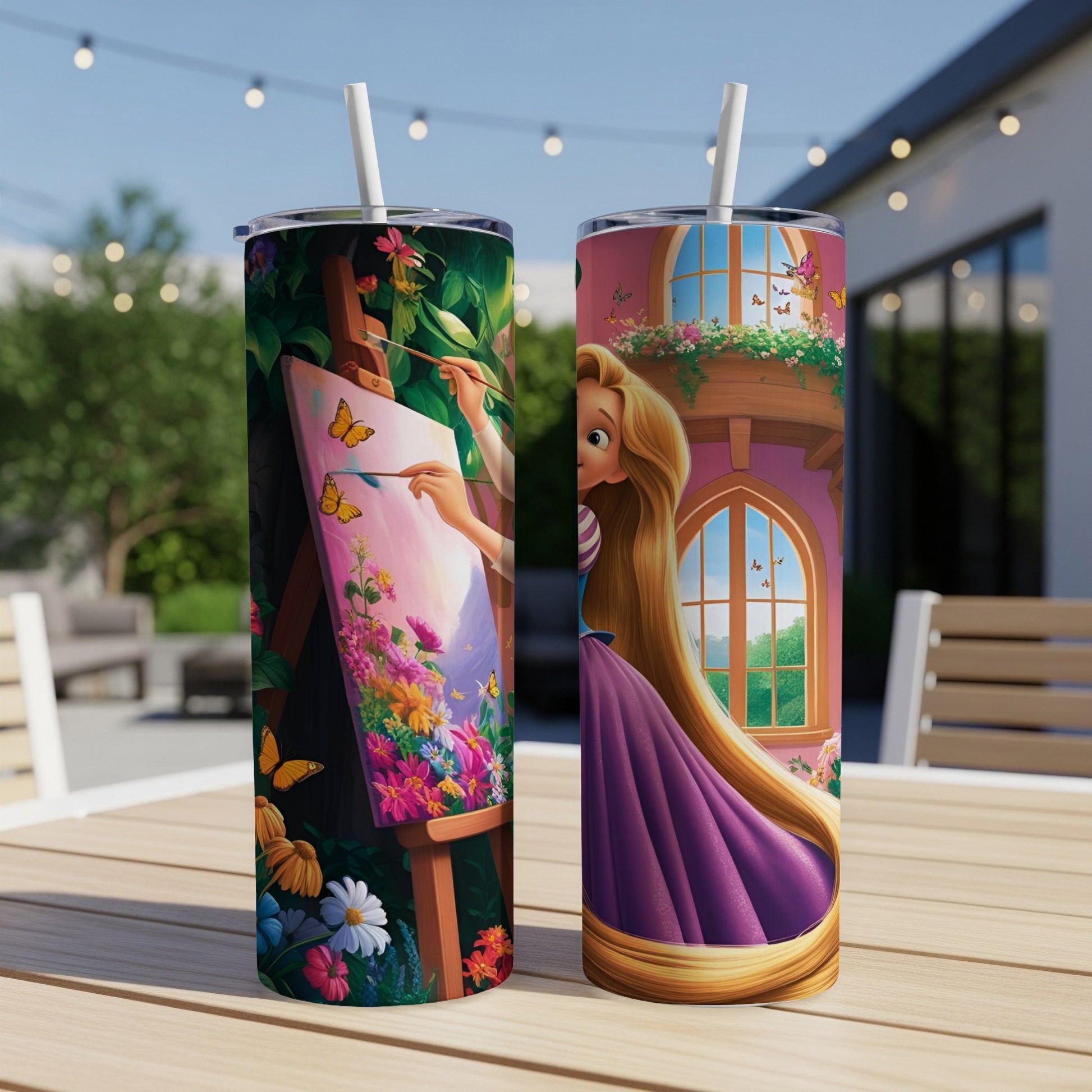 Tangled Rapunzel and Pascal painting on easel with butterflies and flowers.
