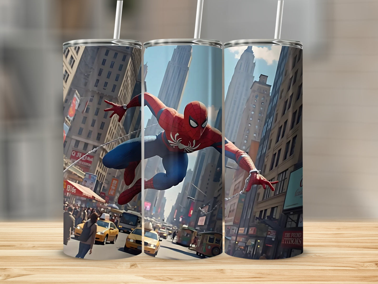 Superhero Swinging Through City Scene Tumbler Product