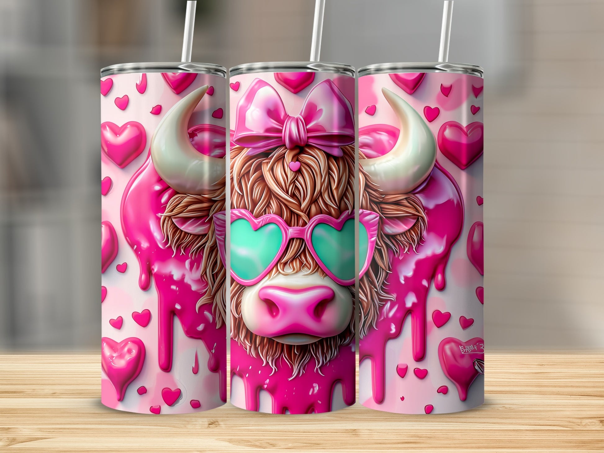 Pink cow with heart pattern, sunglasses, and bow, on a tumbler.
