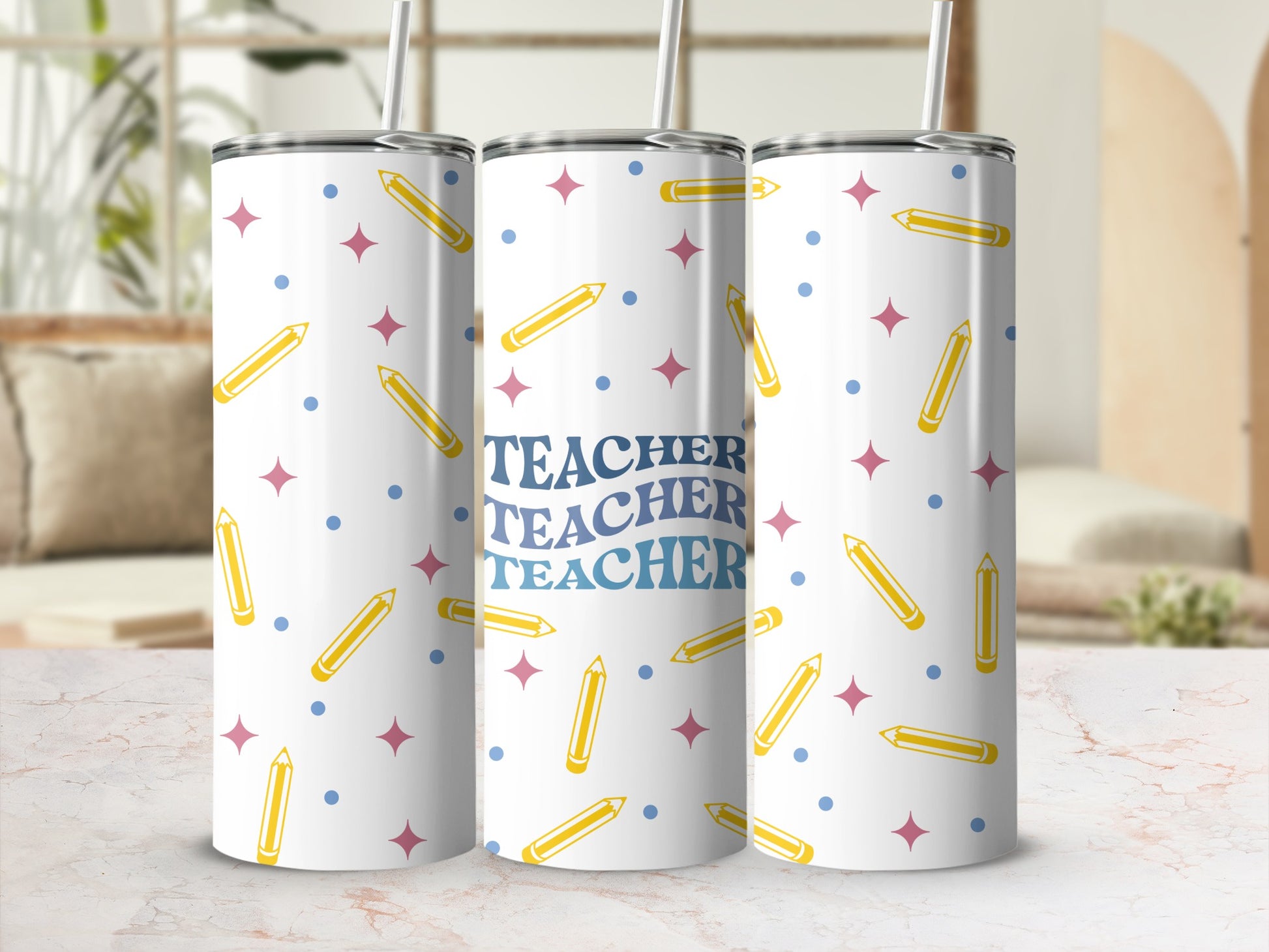Three tumblers with pencils and stars pattern and "Teacher" text.