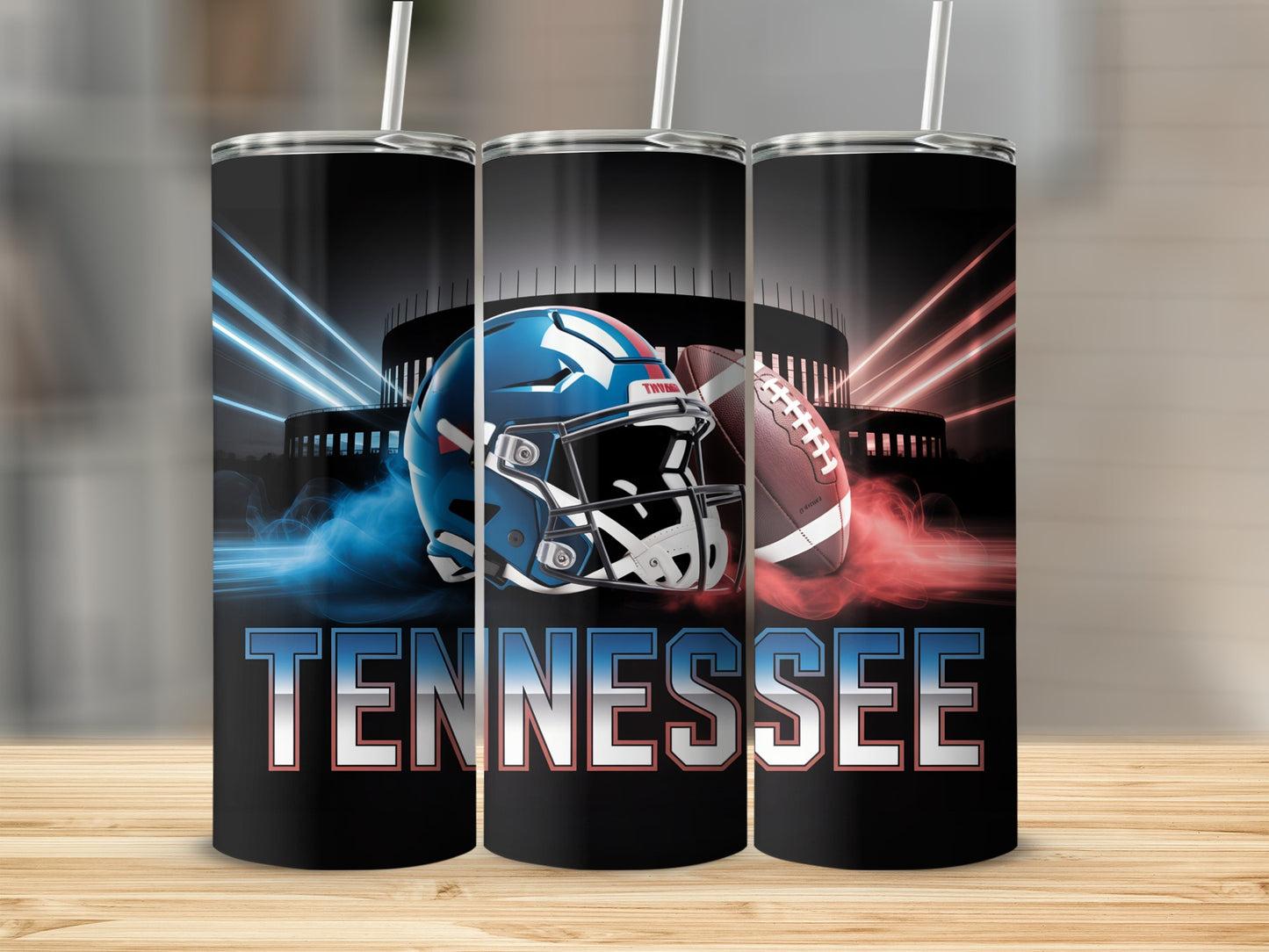Tennessee Titans football helmet and football with stadium lights.