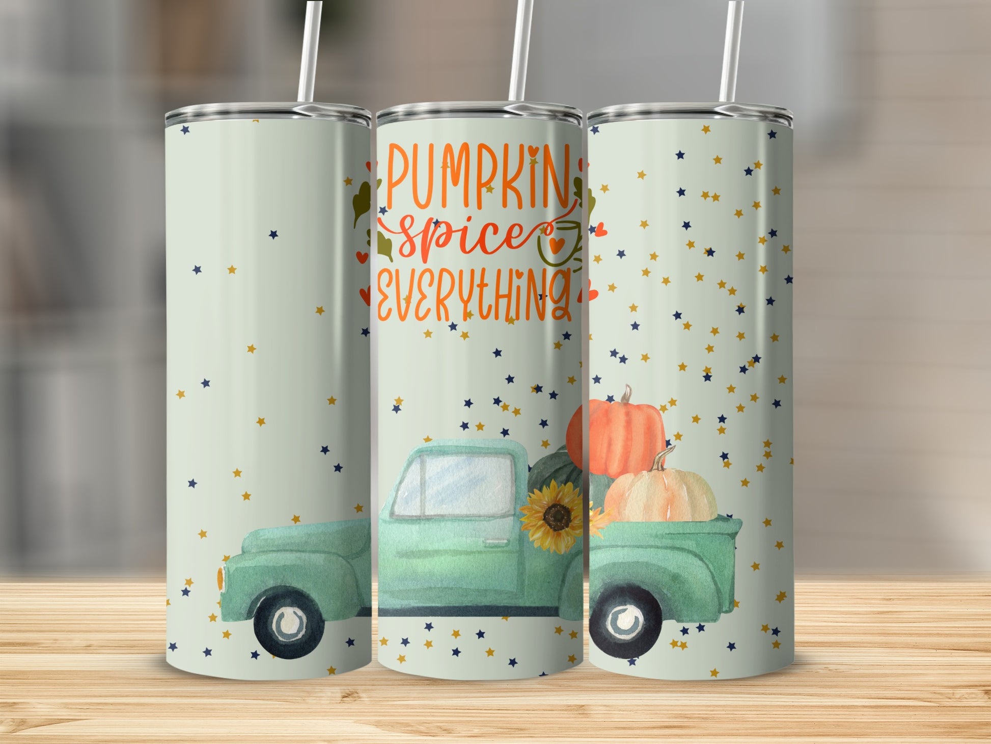 Green vintage truck with pumpkins and sunflower, "Pumpkin Spice Everything" text.