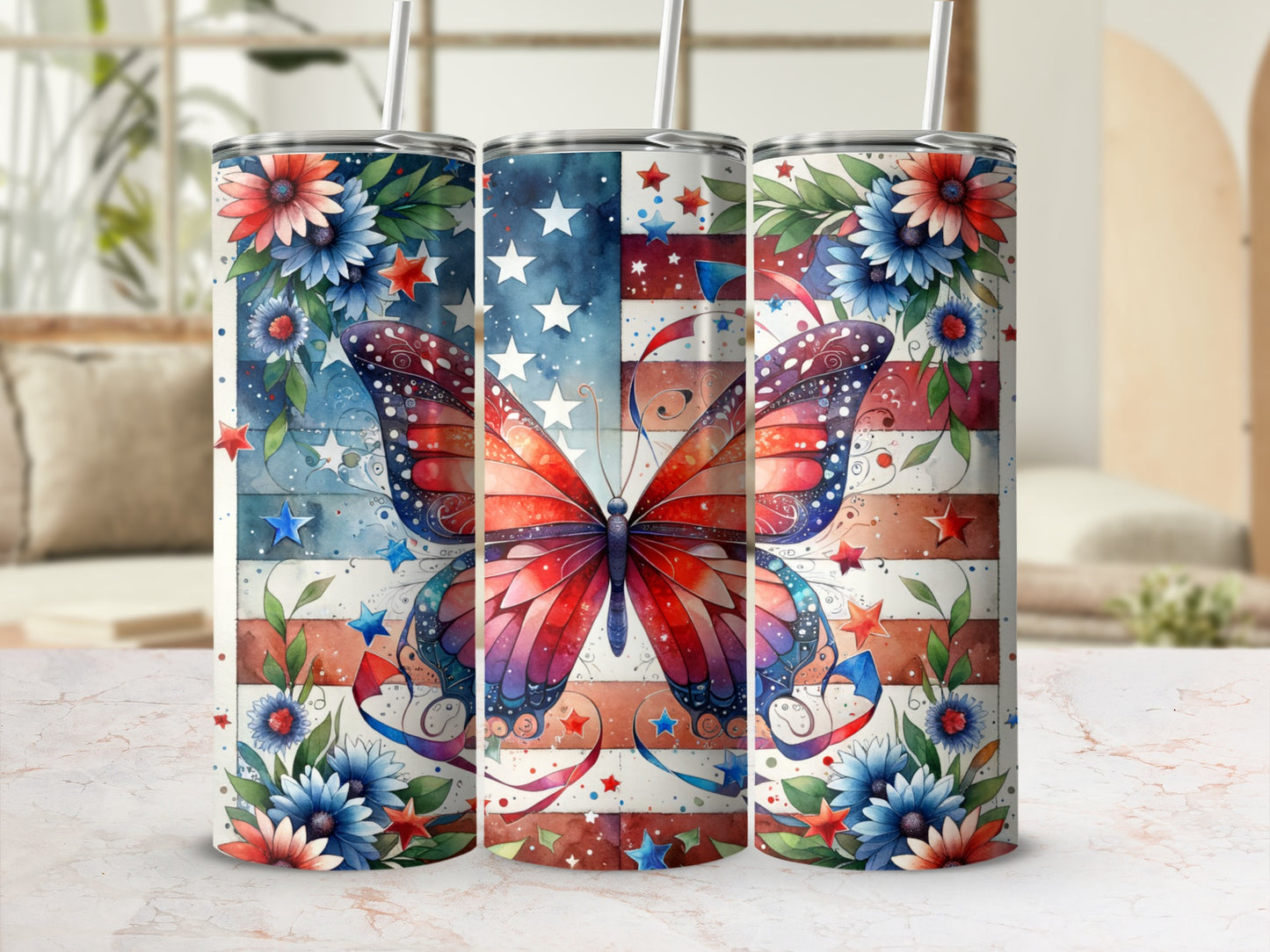 Patriotic butterfly on US flag tumbler with floral accents.