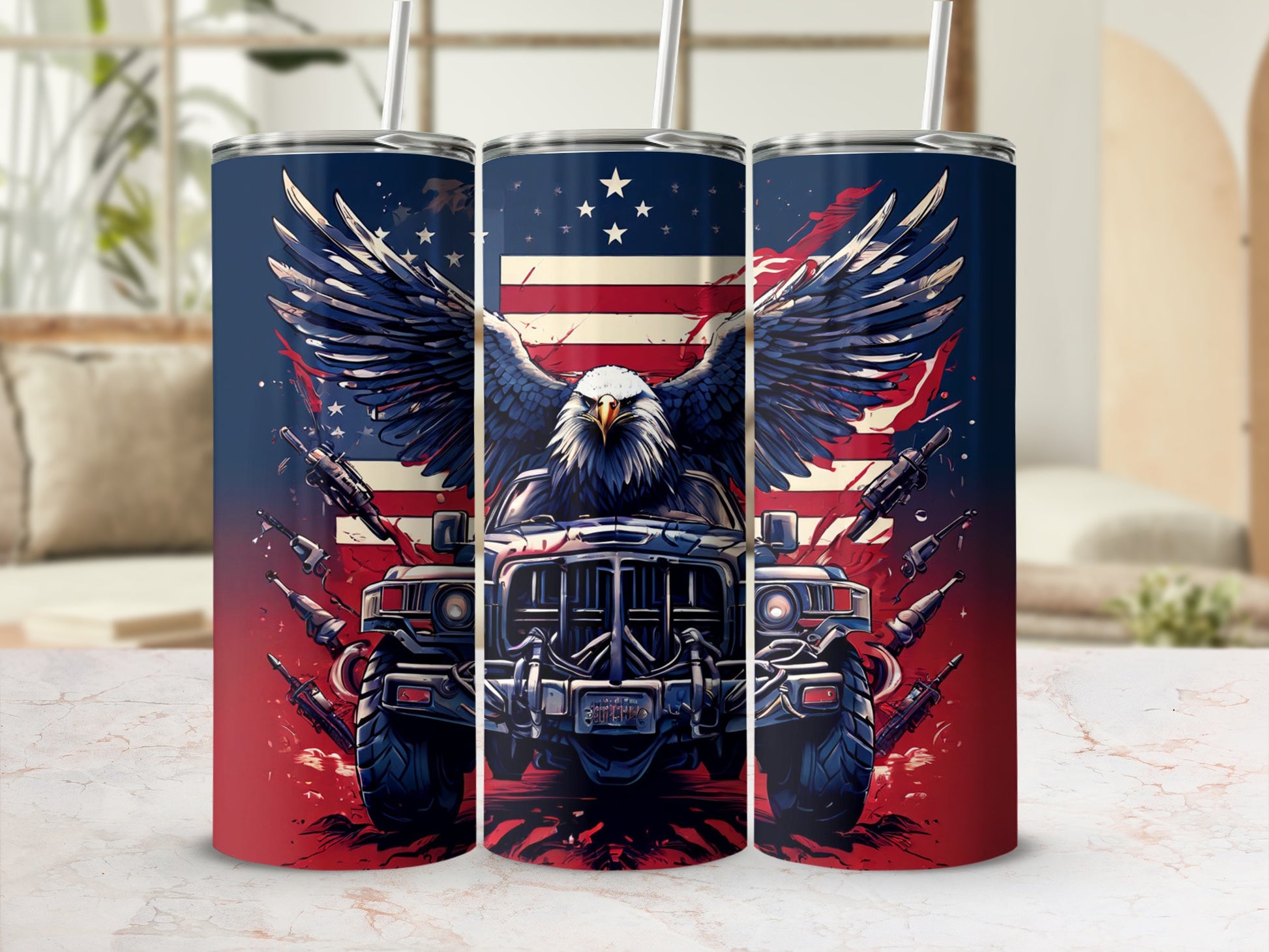 American flag and eagle graphic on a triple tumbler mockup.